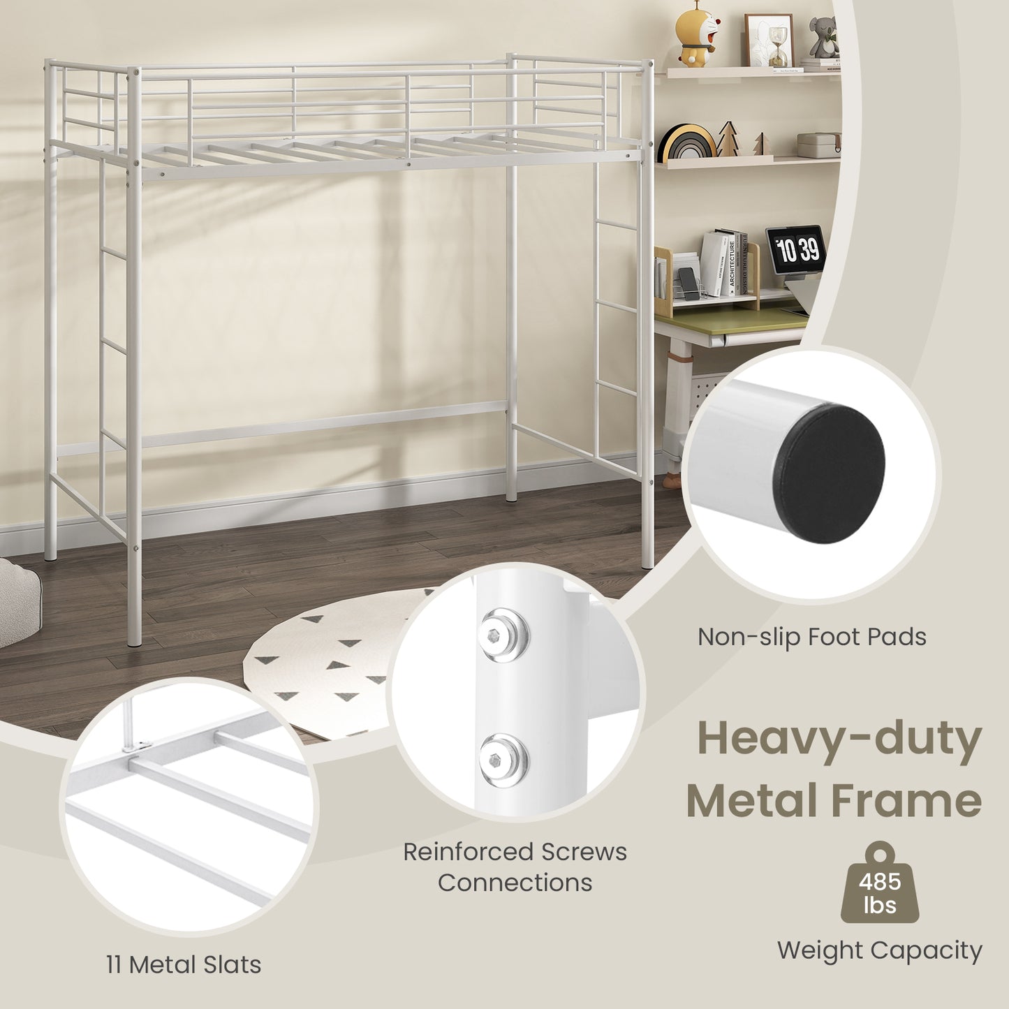 Twin Loft Bed Frame with 2 Ladders Full-length Guardrail -White Kids Crystal