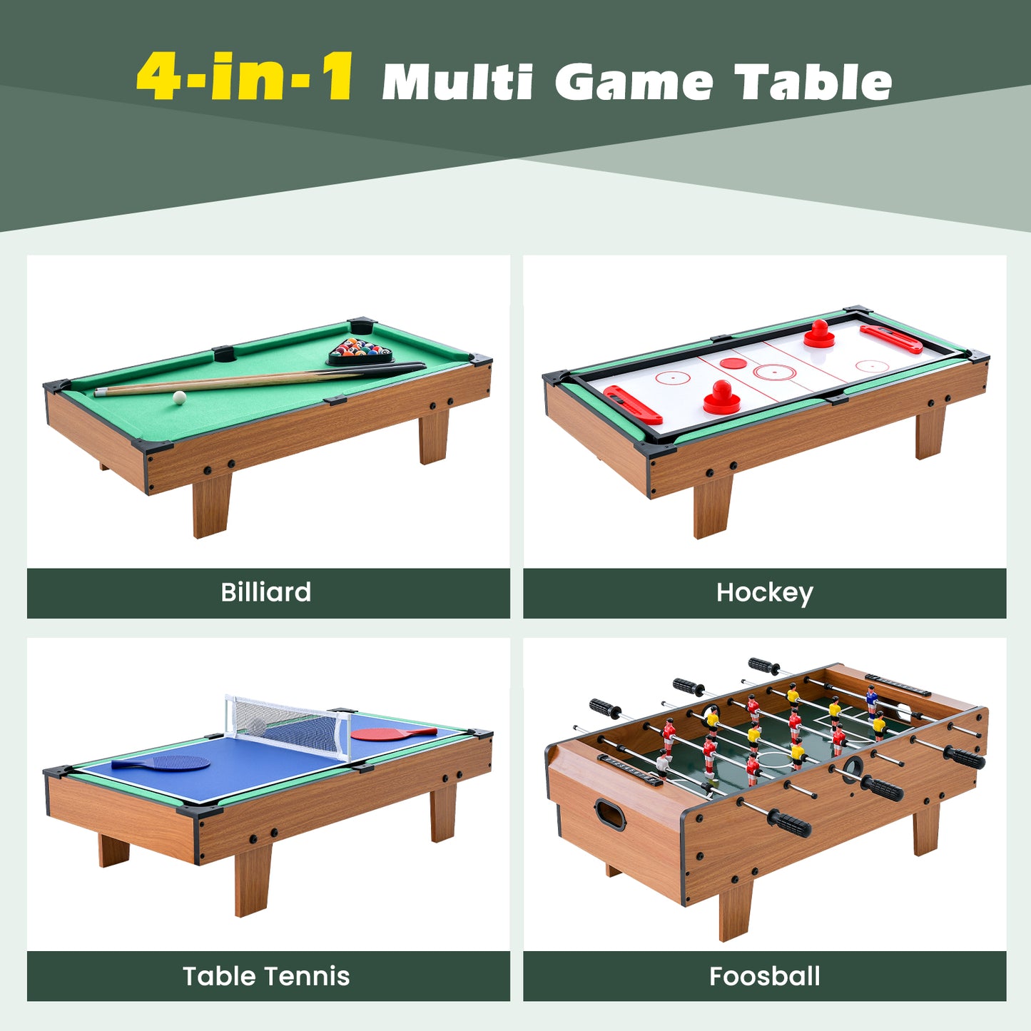 4-in-1 Combo Game Table Set Foosball Table with Billiards and Hockey Kids Crystal
