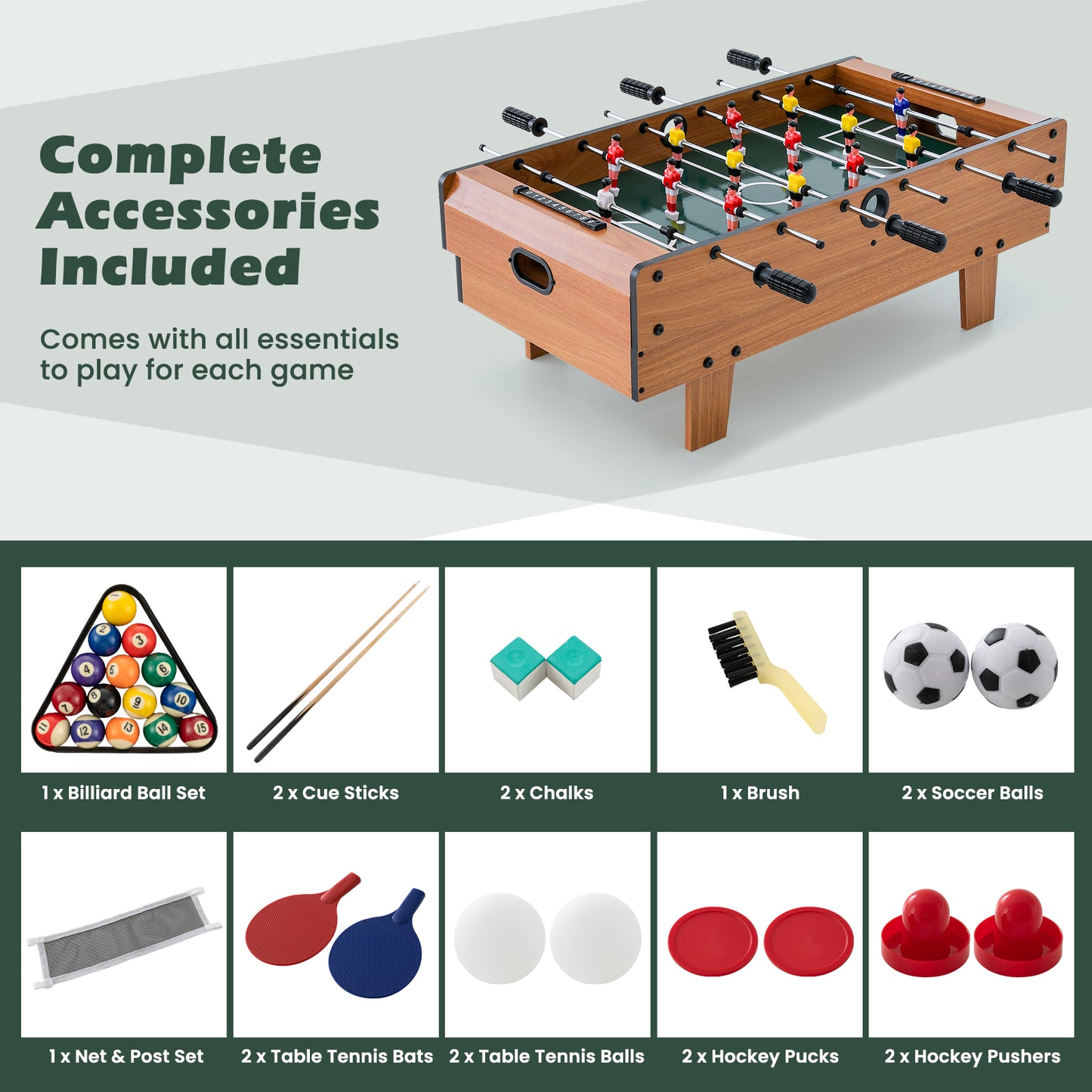 4-in-1 Combo Game Table Set Foosball Table with Billiards and Hockey Kids Crystal