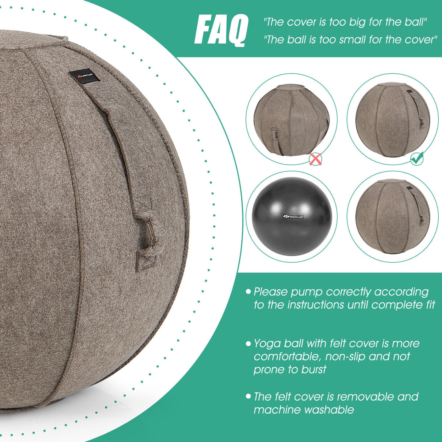 Yoga Sitting Ball with Felt Cover and Air Pump-Brown Kids Crystal
