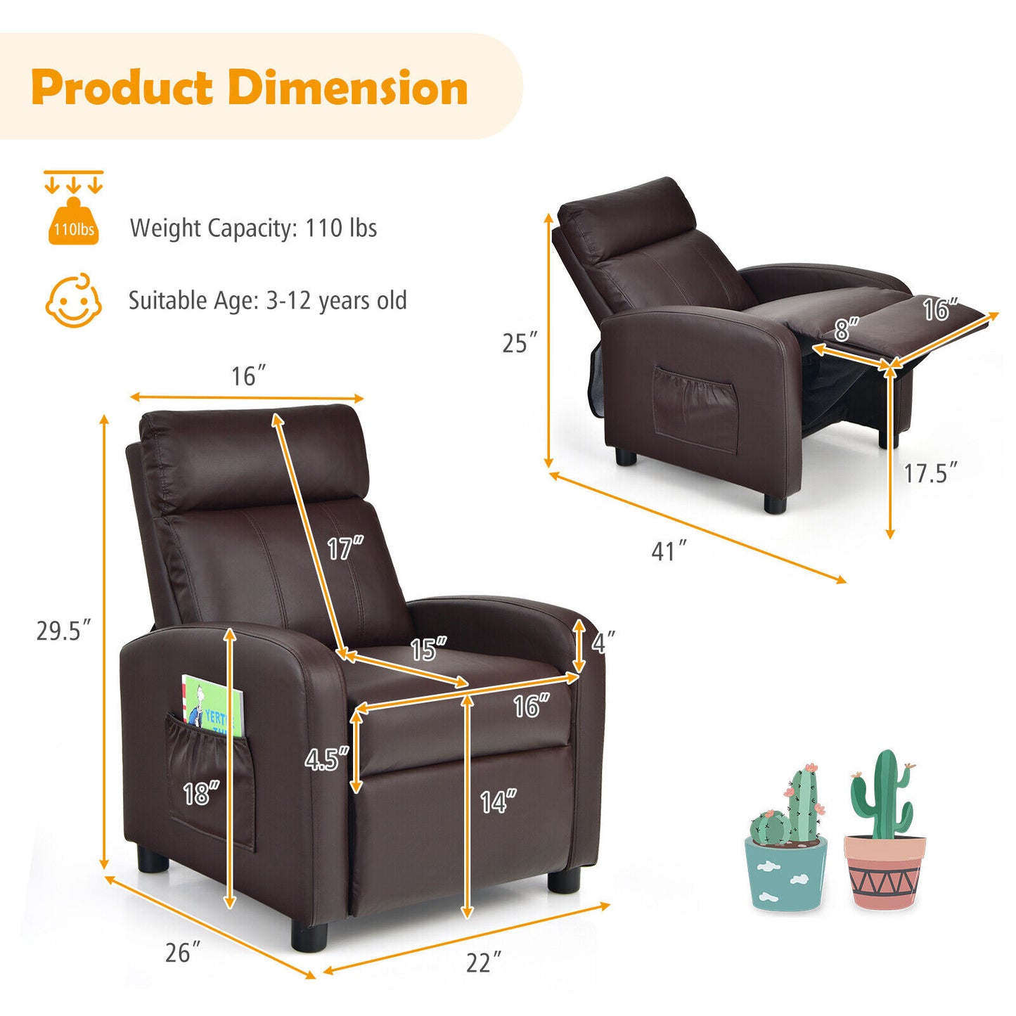 Ergonomic PU Leather Kids Recliner Lounge Sofa for 3-12 Age Group-Brown Kids Crystal