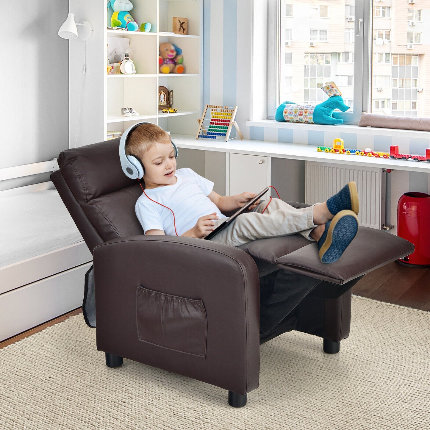 Ergonomic PU Leather Kids Recliner Lounge Sofa for 3-12 Age Group-Brown Kids Crystal
