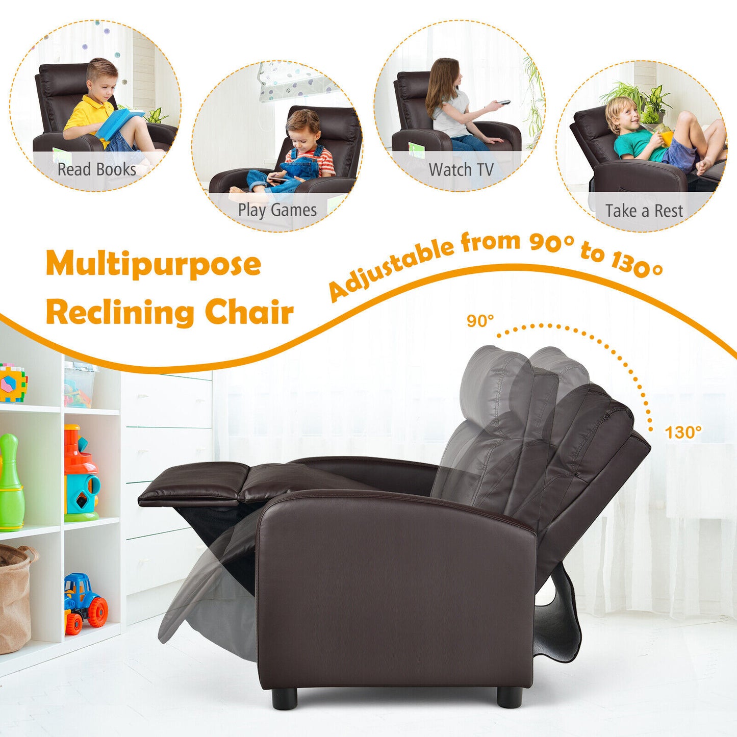 Ergonomic PU Leather Kids Recliner Lounge Sofa for 3-12 Age Group-Brown Kids Crystal