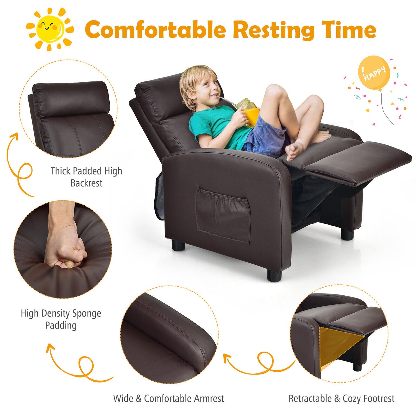 Ergonomic PU Leather Kids Recliner Lounge Sofa for 3-12 Age Group-Brown Kids Crystal