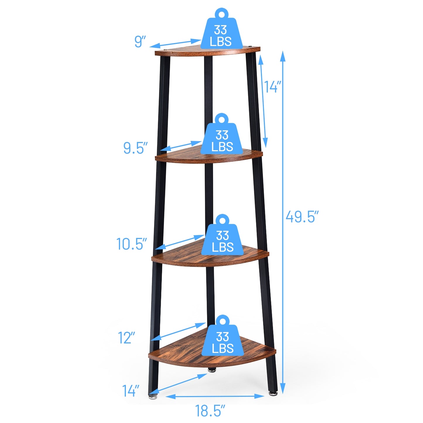 4-Tier Corner Shelf Metal Storage Rack Domestic Bookcase-Brown Kids Crystal