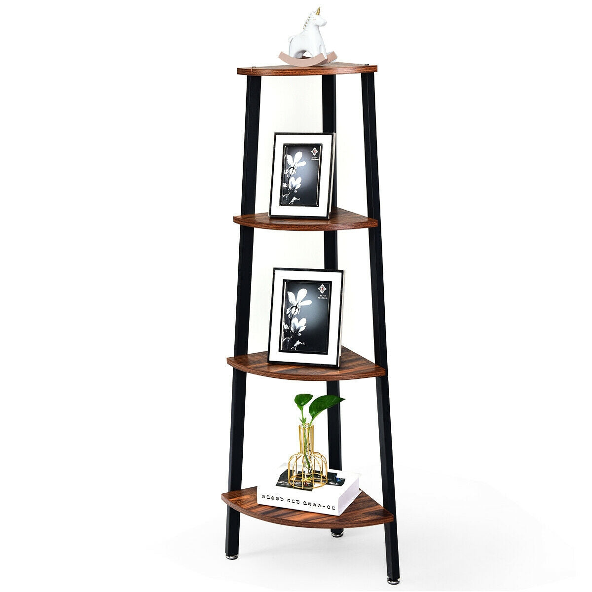 4-Tier Corner Shelf Metal Storage Rack Domestic Bookcase-Brown Kids Crystal