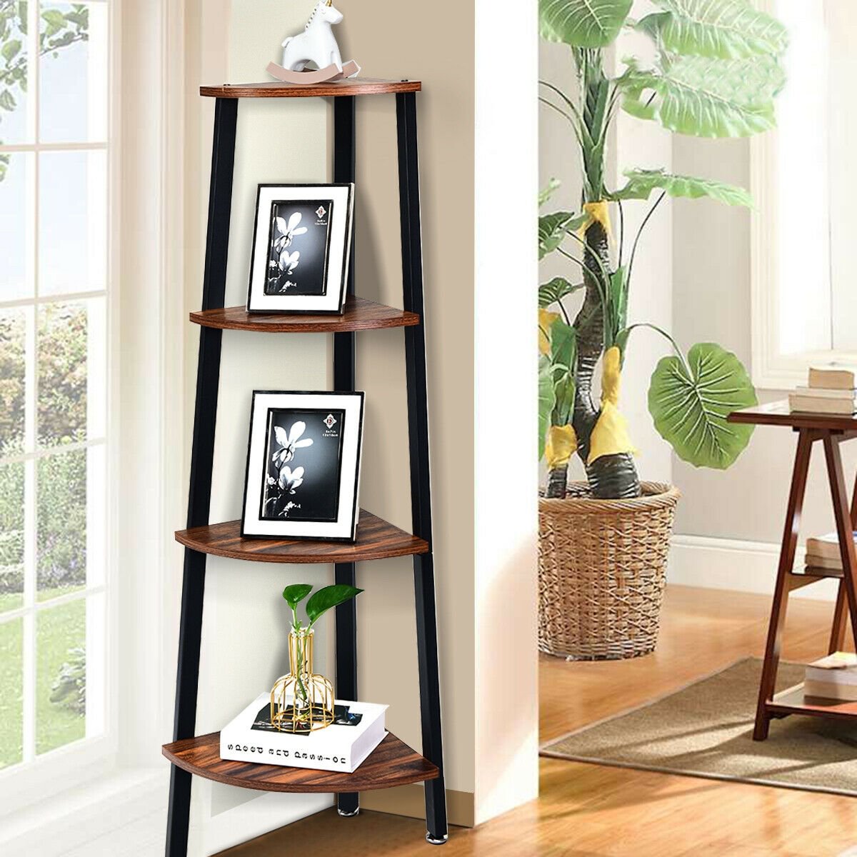 4-Tier Corner Shelf Metal Storage Rack Domestic Bookcase-Brown Kids Crystal