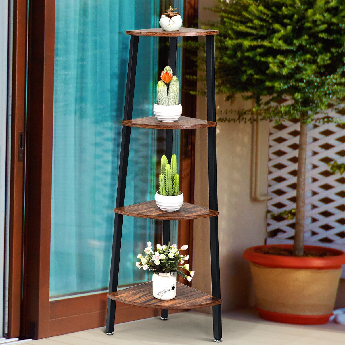 4-Tier Corner Shelf Metal Storage Rack Domestic Bookcase-Brown Kids Crystal