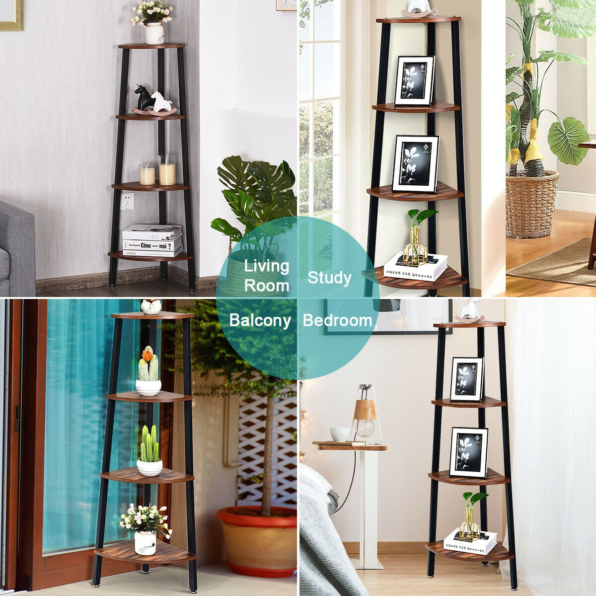 4-Tier Corner Shelf Metal Storage Rack Domestic Bookcase-Brown Kids Crystal