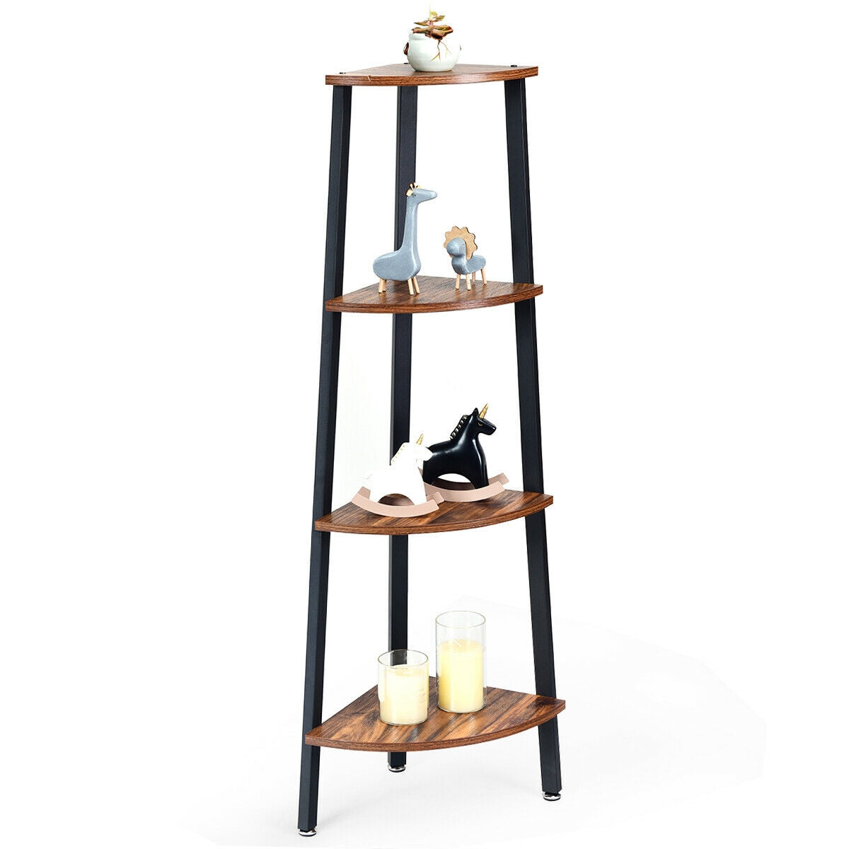 4-Tier Corner Shelf Metal Storage Rack Domestic Bookcase-Brown Kids Crystal
