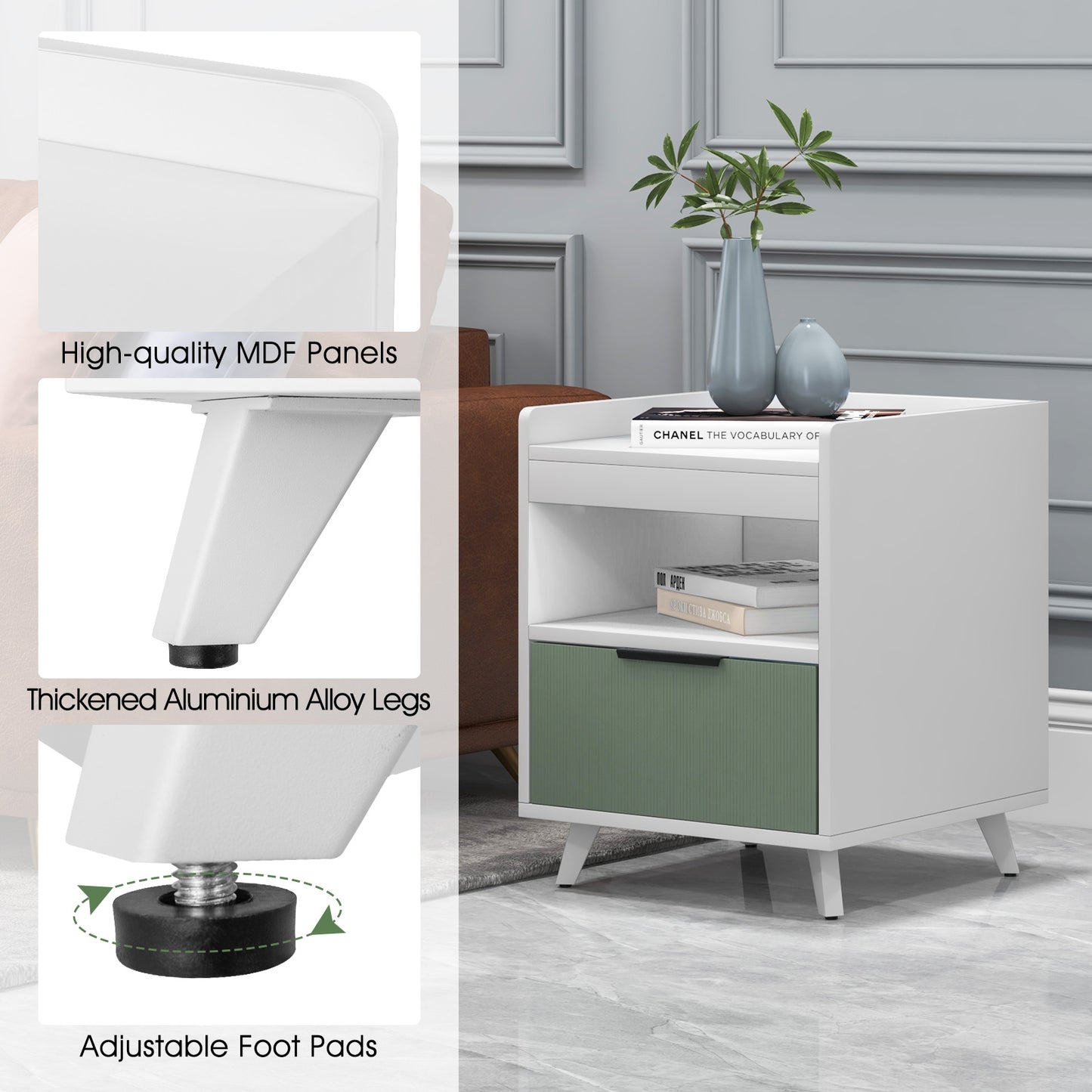 Modern Nightstand with LED Lights Sliding Drawer and Open Compartment-White Kids Crystal