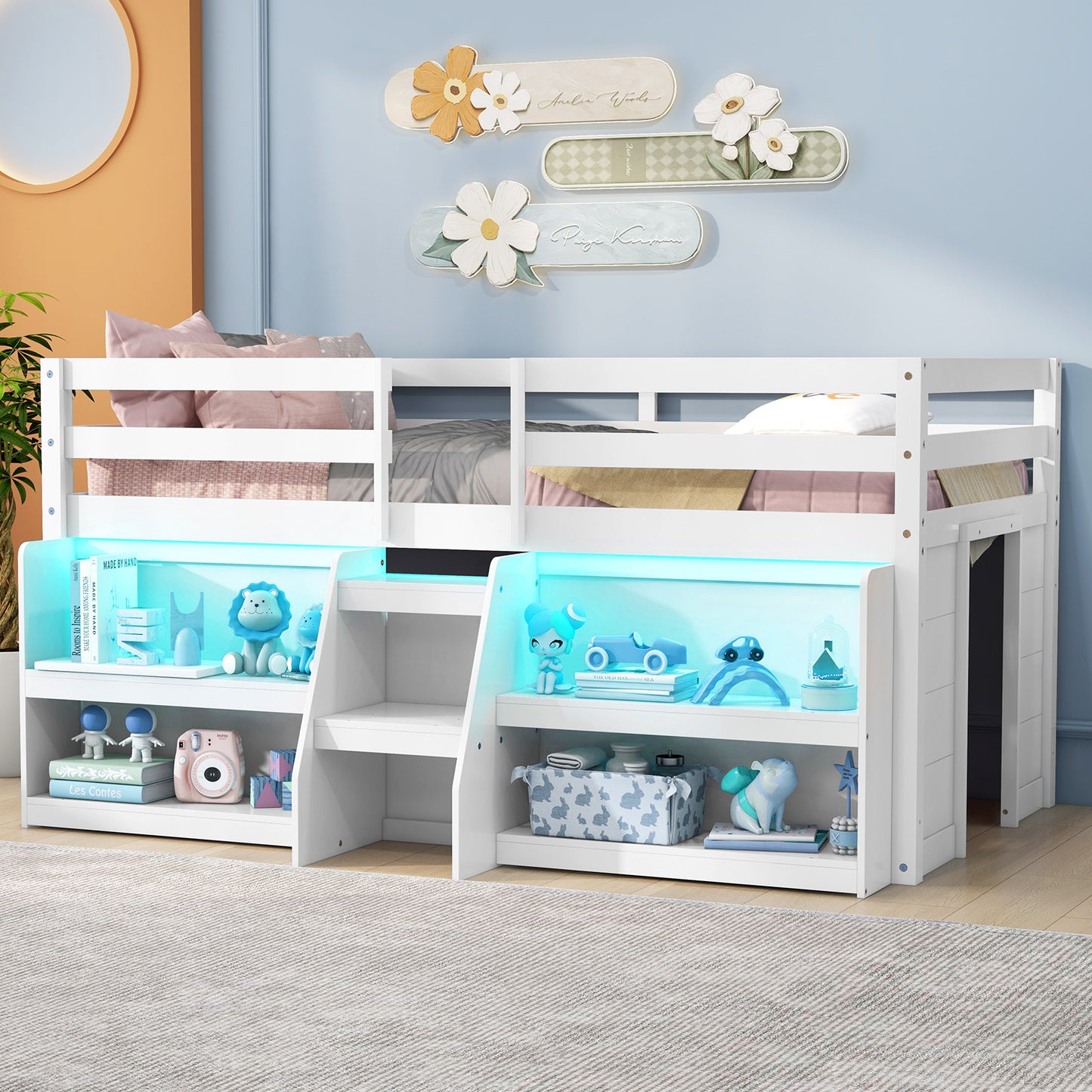 Twin Size Loft Bed with LED Lights with Staircase and Safety Guardrail-White Kids Crystal