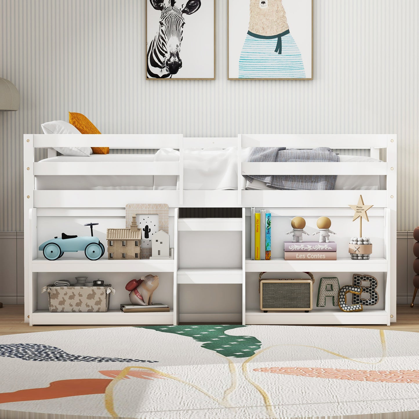 Twin Size Loft Bed with LED Lights with Staircase and Safety Guardrail-White Kids Crystal