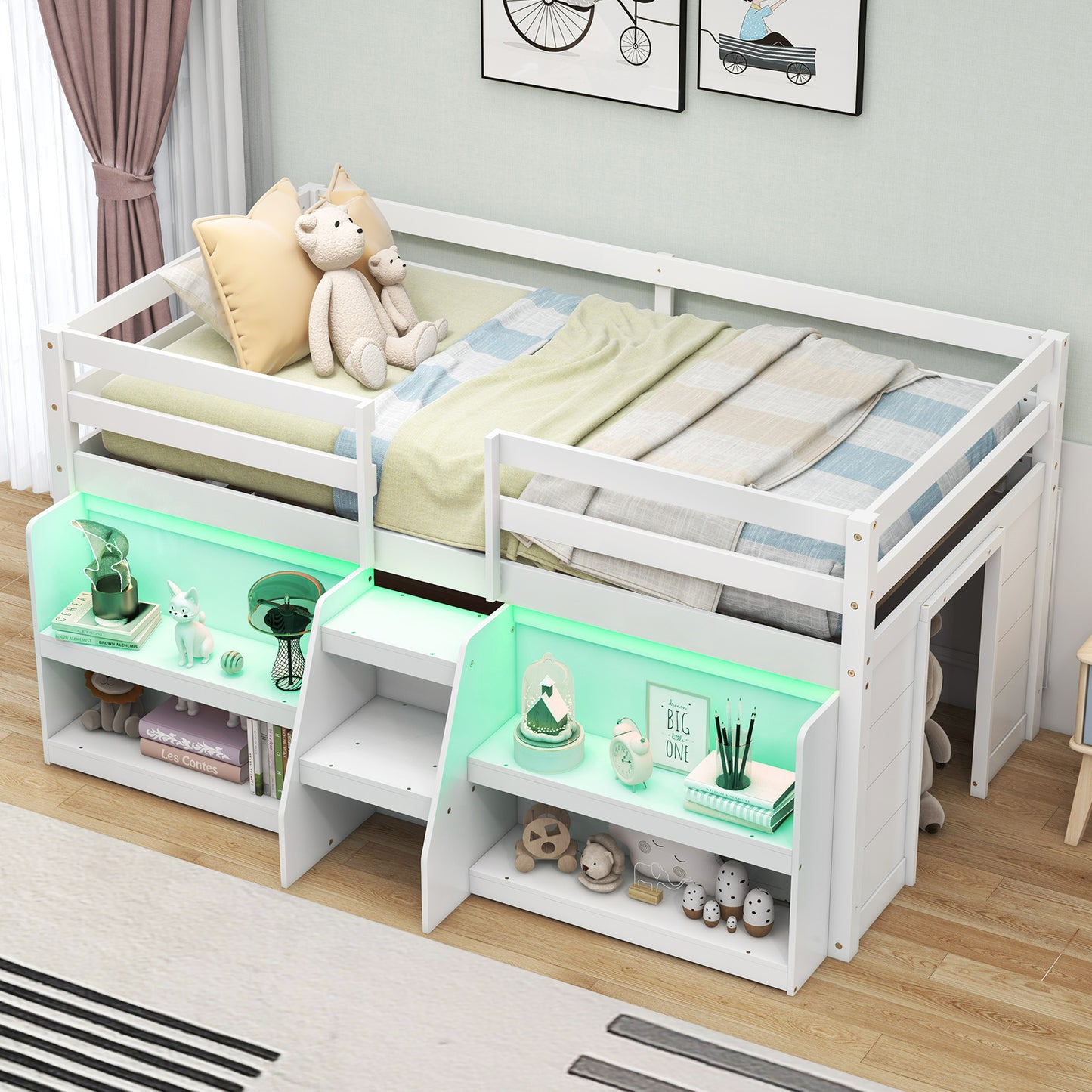 Twin Size Loft Bed with LED Lights with Staircase and Safety Guardrail-White Kids Crystal