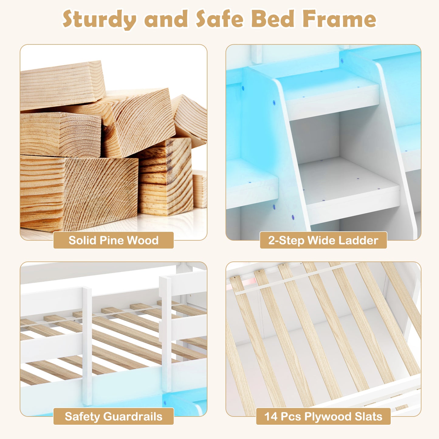 Twin Size Loft Bed with LED Lights with Staircase and Safety Guardrail-White Kids Crystal