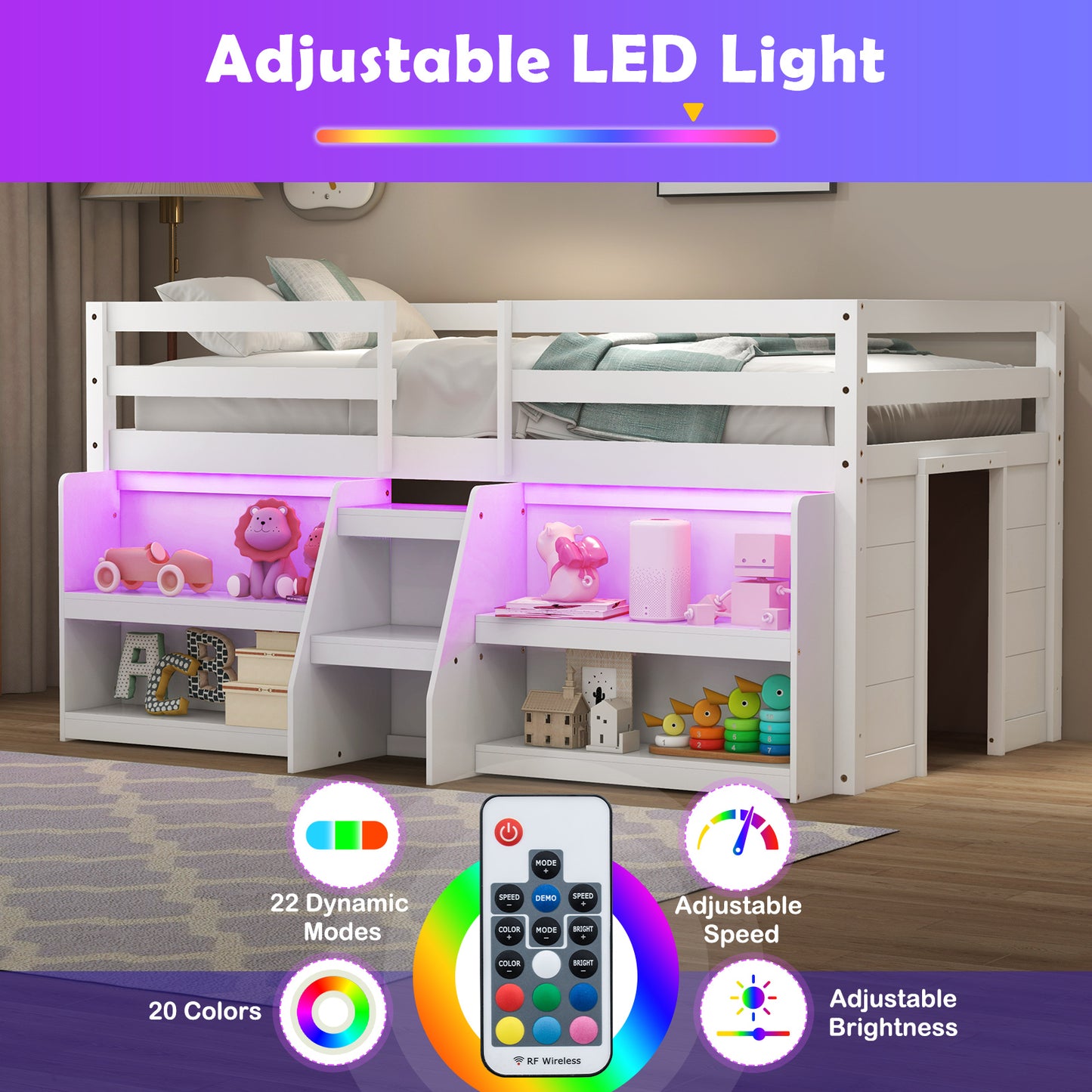 Twin Size Loft Bed with LED Lights with Staircase and Safety Guardrail-White Kids Crystal