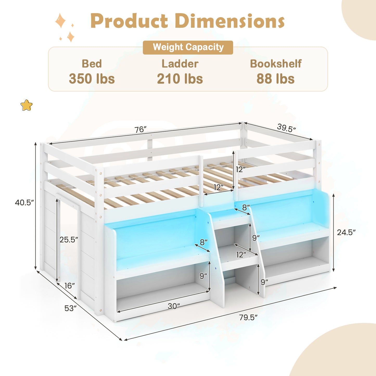 Twin Size Loft Bed with LED Lights with Staircase and Safety Guardrail-White Kids Crystal