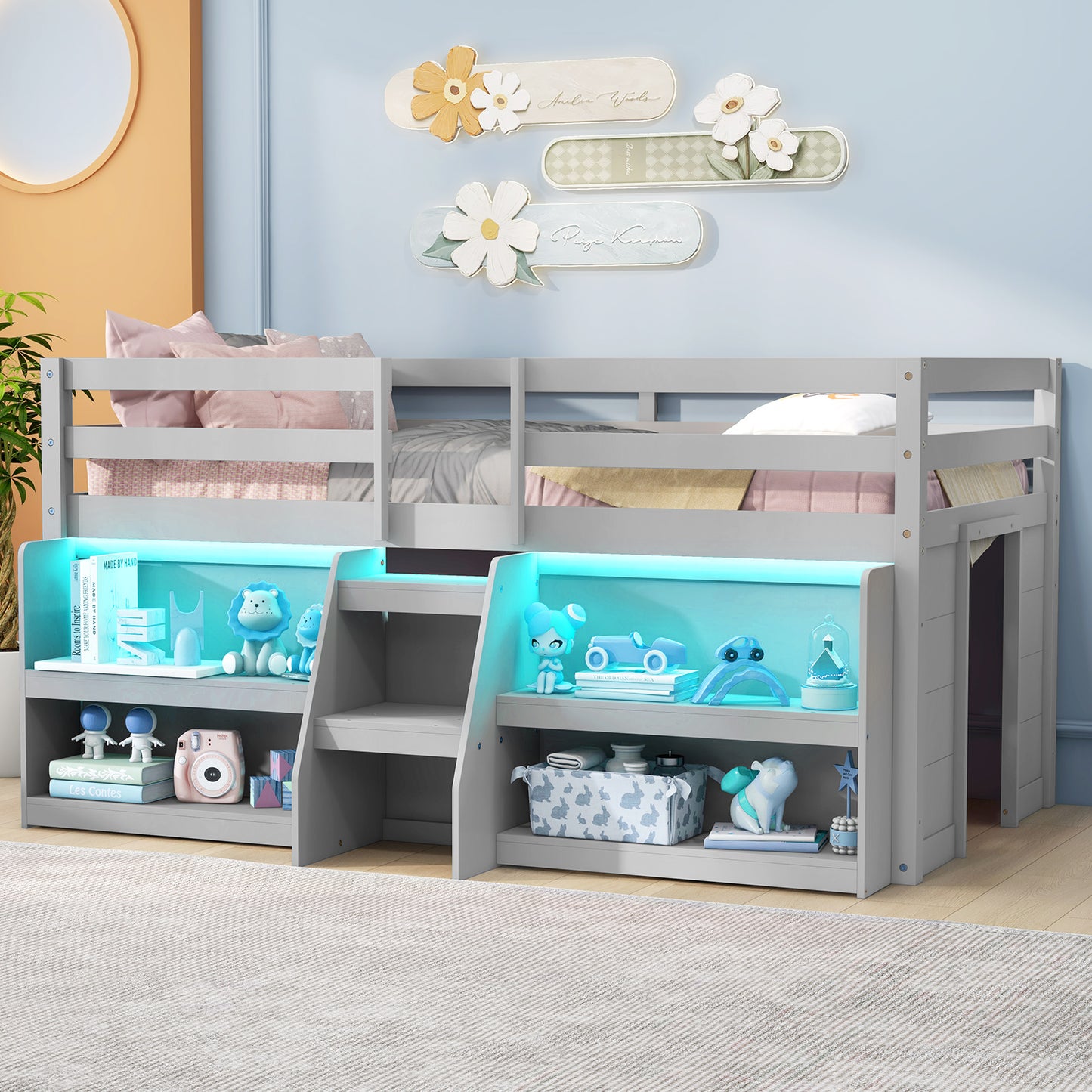 Twin Size Loft Bed with LED Lights with Staircase and Safety Guardrail-Grey Kids Crystal