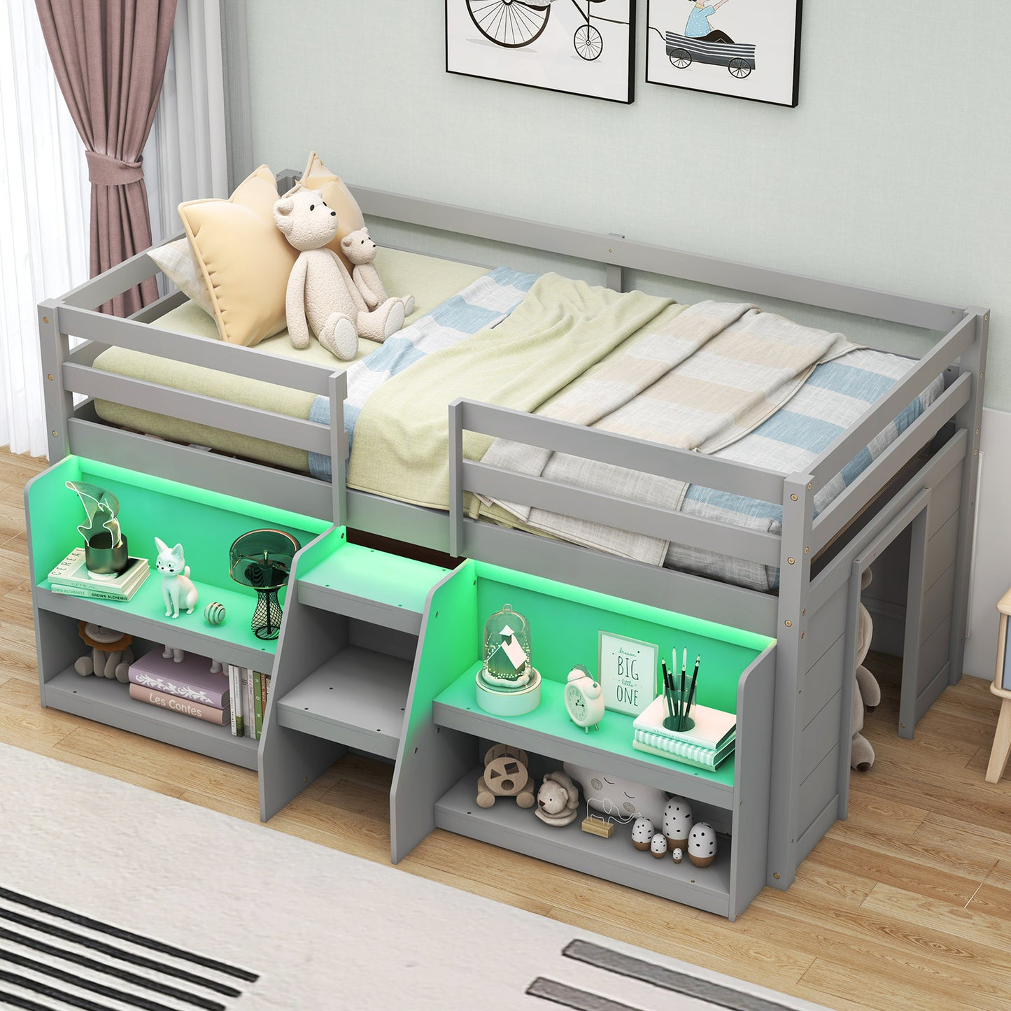 Twin Size Loft Bed with LED Lights with Staircase and Safety Guardrail-Grey Kids Crystal