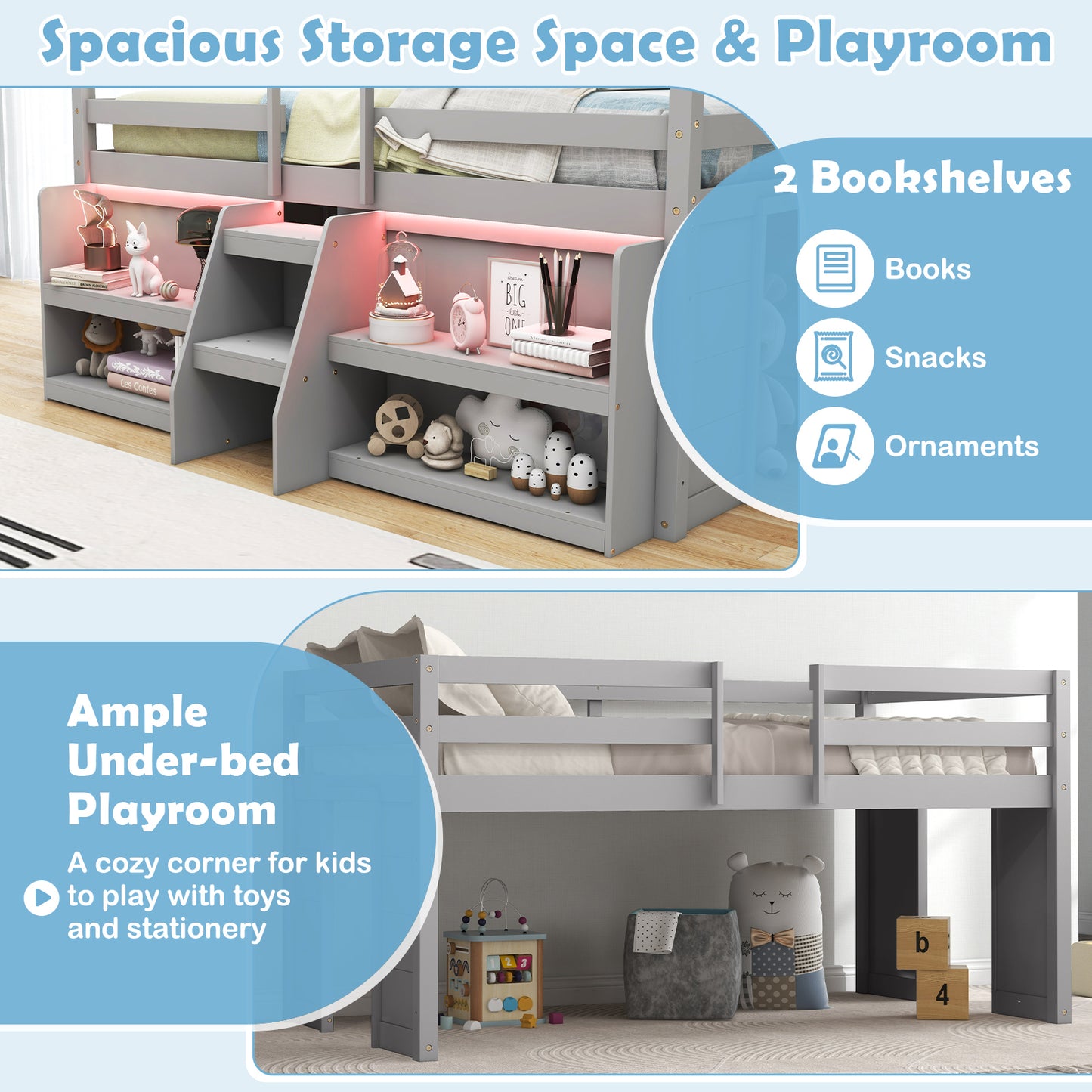 Twin Size Loft Bed with LED Lights with Staircase and Safety Guardrail-Grey Kids Crystal
