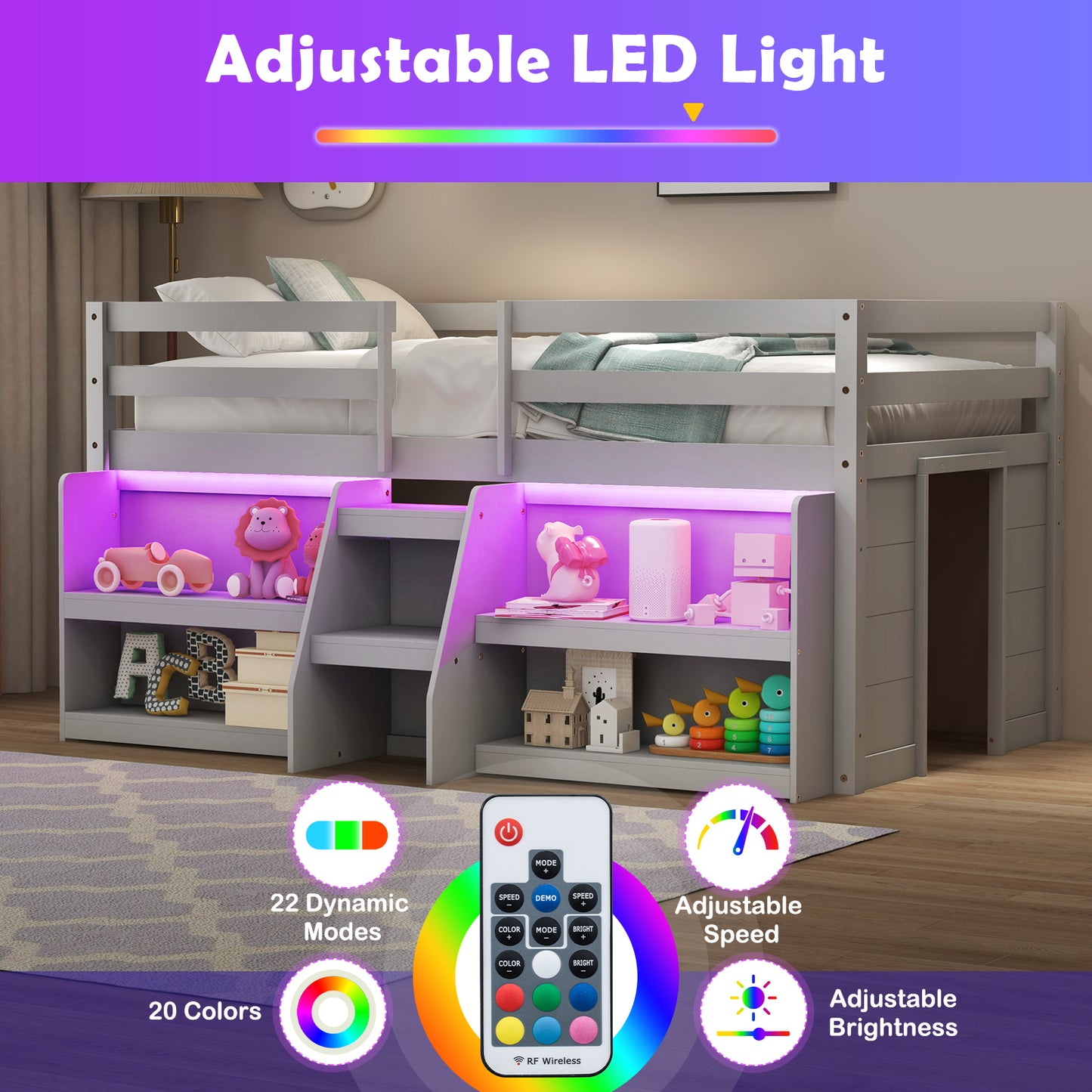 Twin Size Loft Bed with LED Lights with Staircase and Safety Guardrail-Grey Kids Crystal