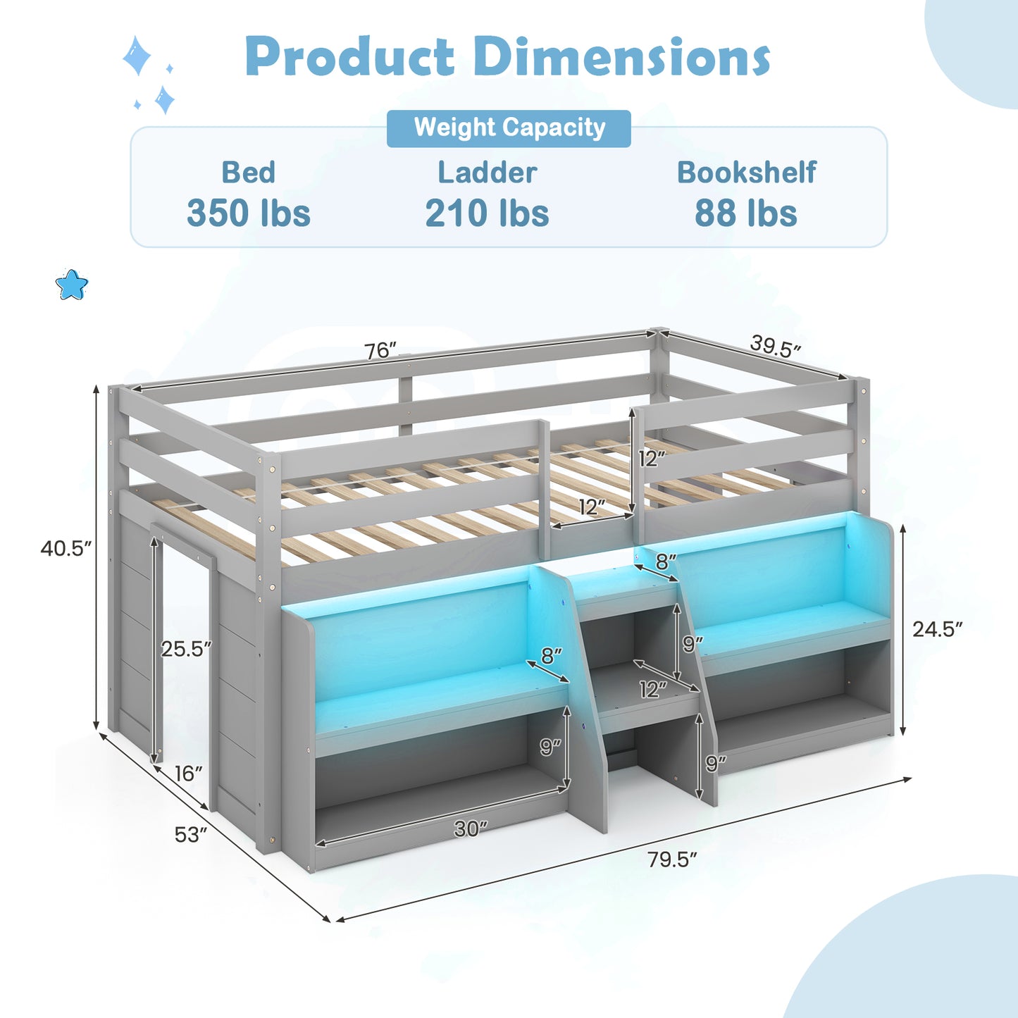 Twin Size Loft Bed with LED Lights with Staircase and Safety Guardrail-Grey Kids Crystal