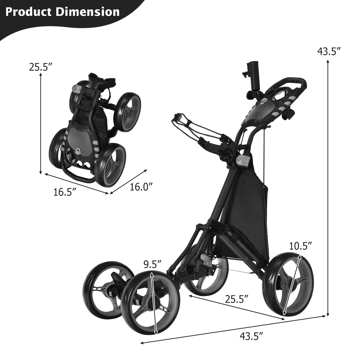 Lightweight Foldable Collapsible 4 Wheels Golf Push Cart-Gray Kids Crystal