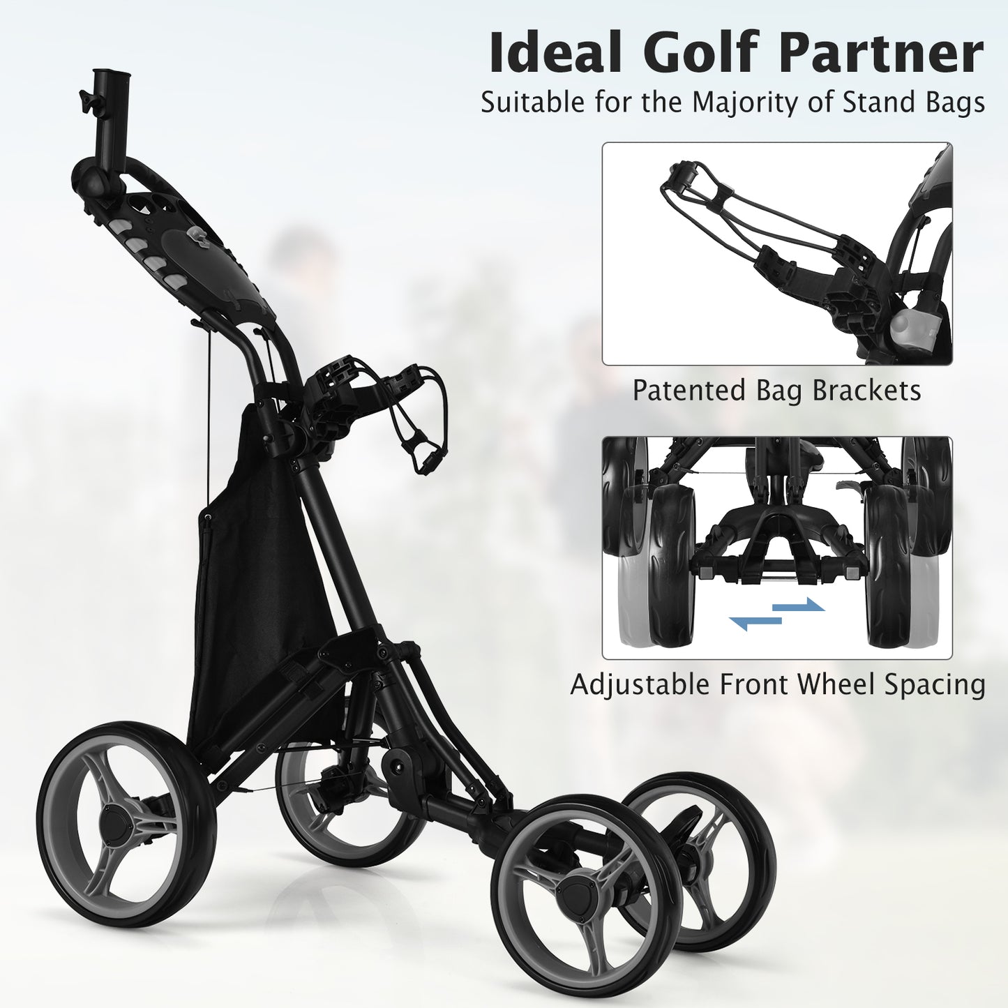 Lightweight Foldable Collapsible 4 Wheels Golf Push Cart-Gray Kids Crystal