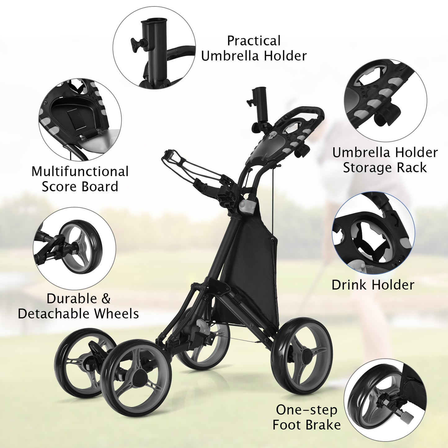 Lightweight Foldable Collapsible 4 Wheels Golf Push Cart-Gray Kids Crystal