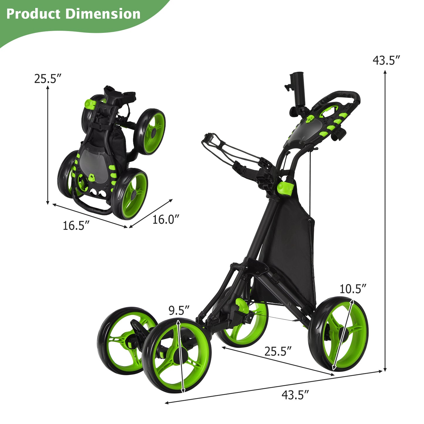 Lightweight Foldable Collapsible 4 Wheels Golf Push Cart-Green Kids Crystal