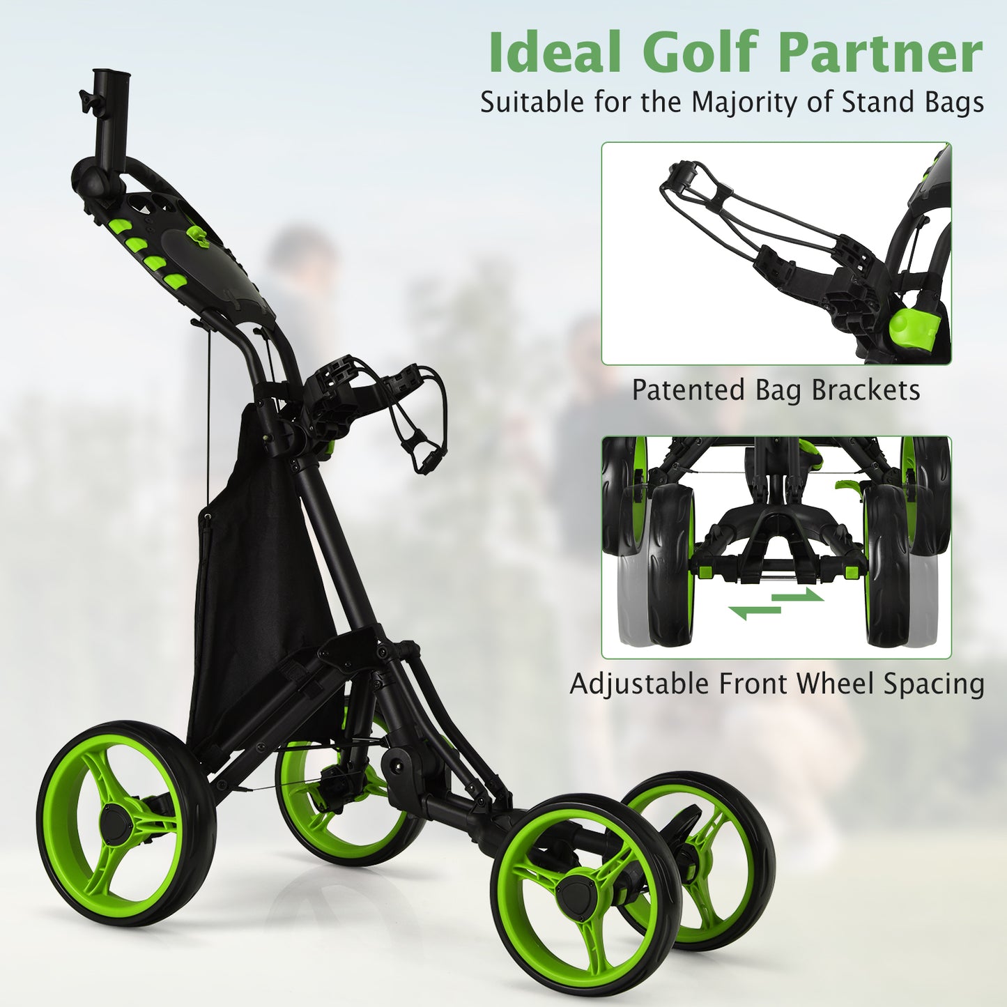 Lightweight Foldable Collapsible 4 Wheels Golf Push Cart-Green Kids Crystal