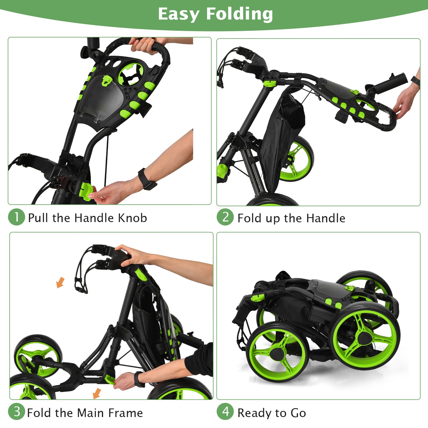 Lightweight Foldable Collapsible 4 Wheels Golf Push Cart-Green Kids Crystal