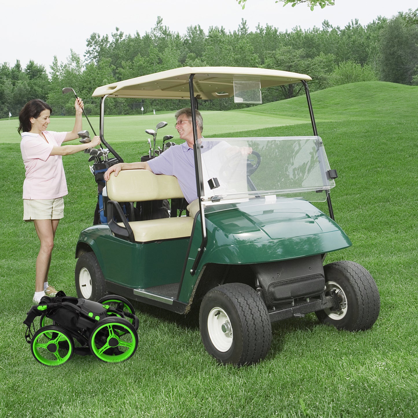 Lightweight Foldable Collapsible 4 Wheels Golf Push Cart-Green Kids Crystal