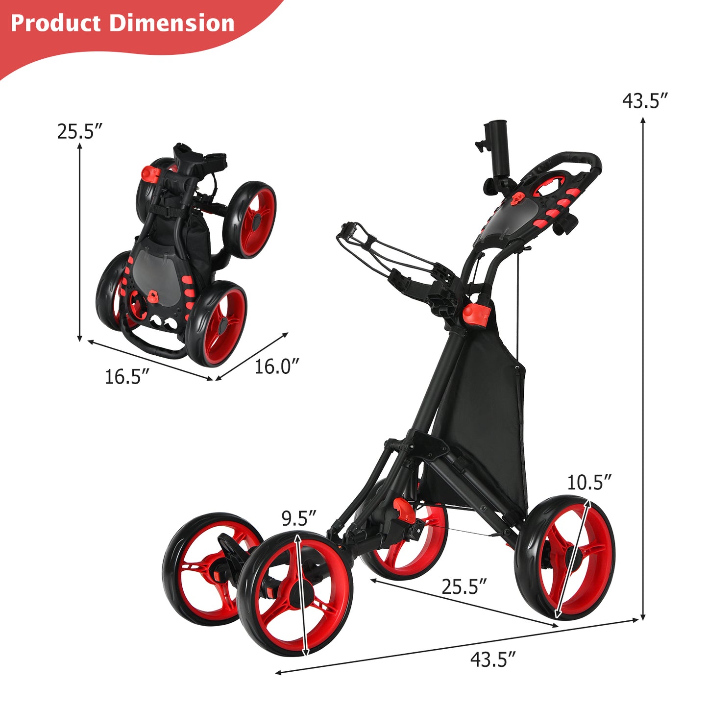 Lightweight Foldable Collapsible 4 Wheels Golf Push Cart-Red Kids Crystal