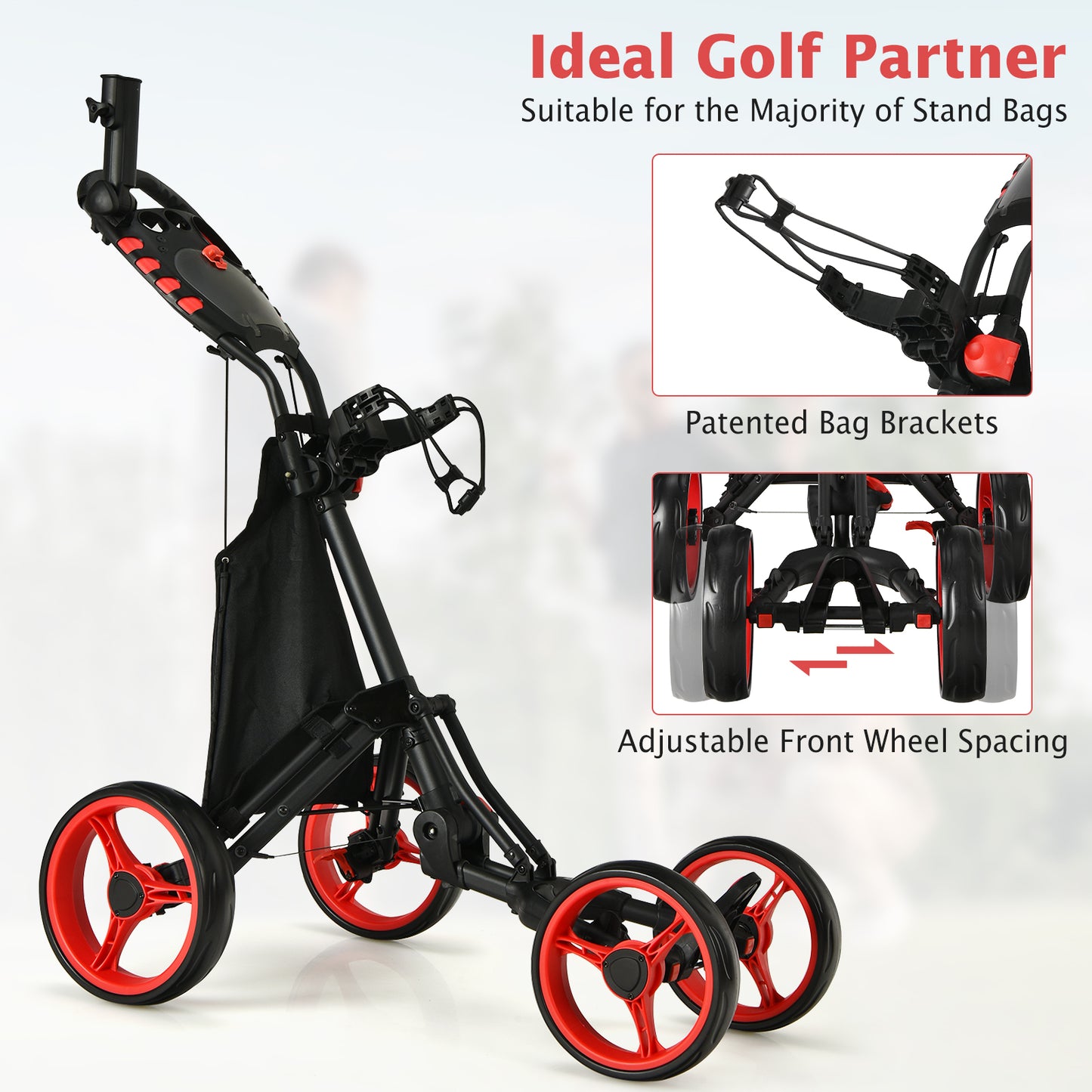 Lightweight Foldable Collapsible 4 Wheels Golf Push Cart-Red Kids Crystal
