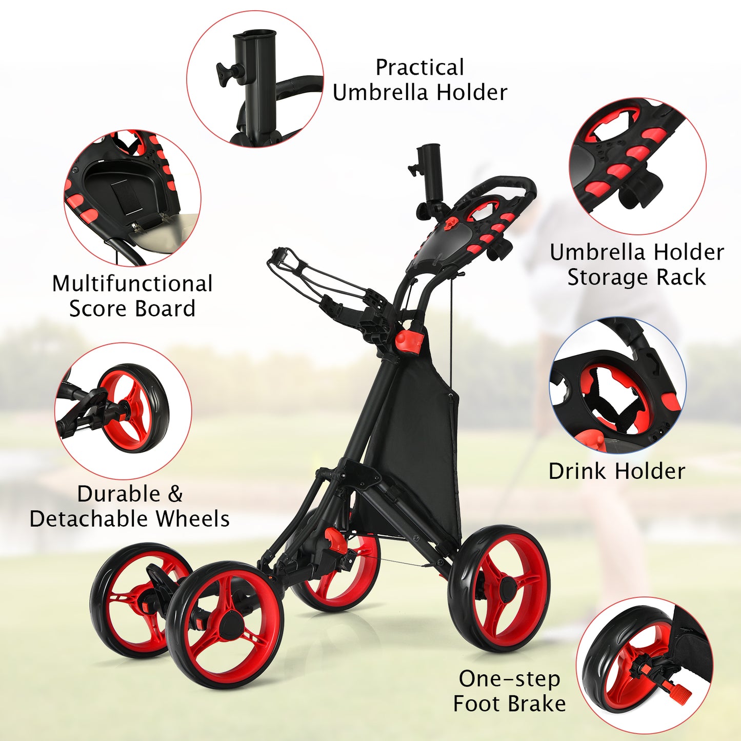 Lightweight Foldable Collapsible 4 Wheels Golf Push Cart-Red Kids Crystal