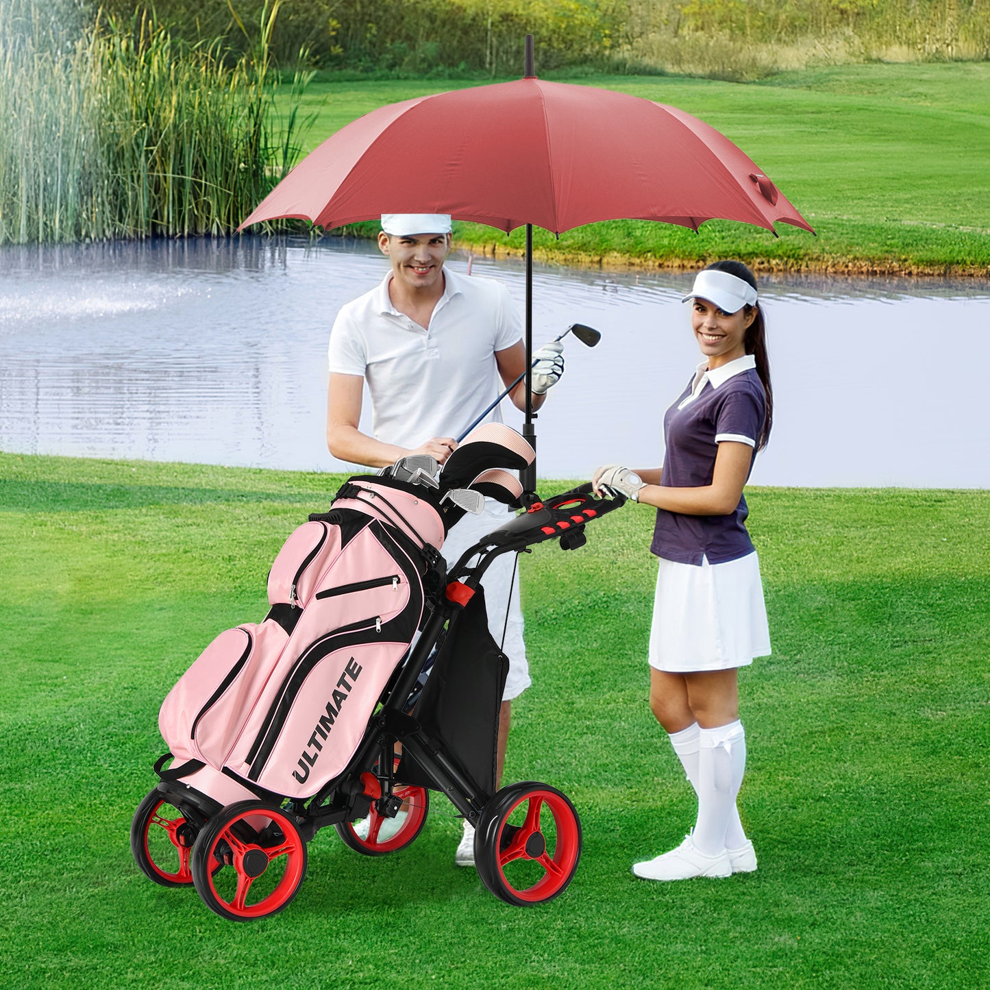 Lightweight Foldable Collapsible 4 Wheels Golf Push Cart-Red Kids Crystal