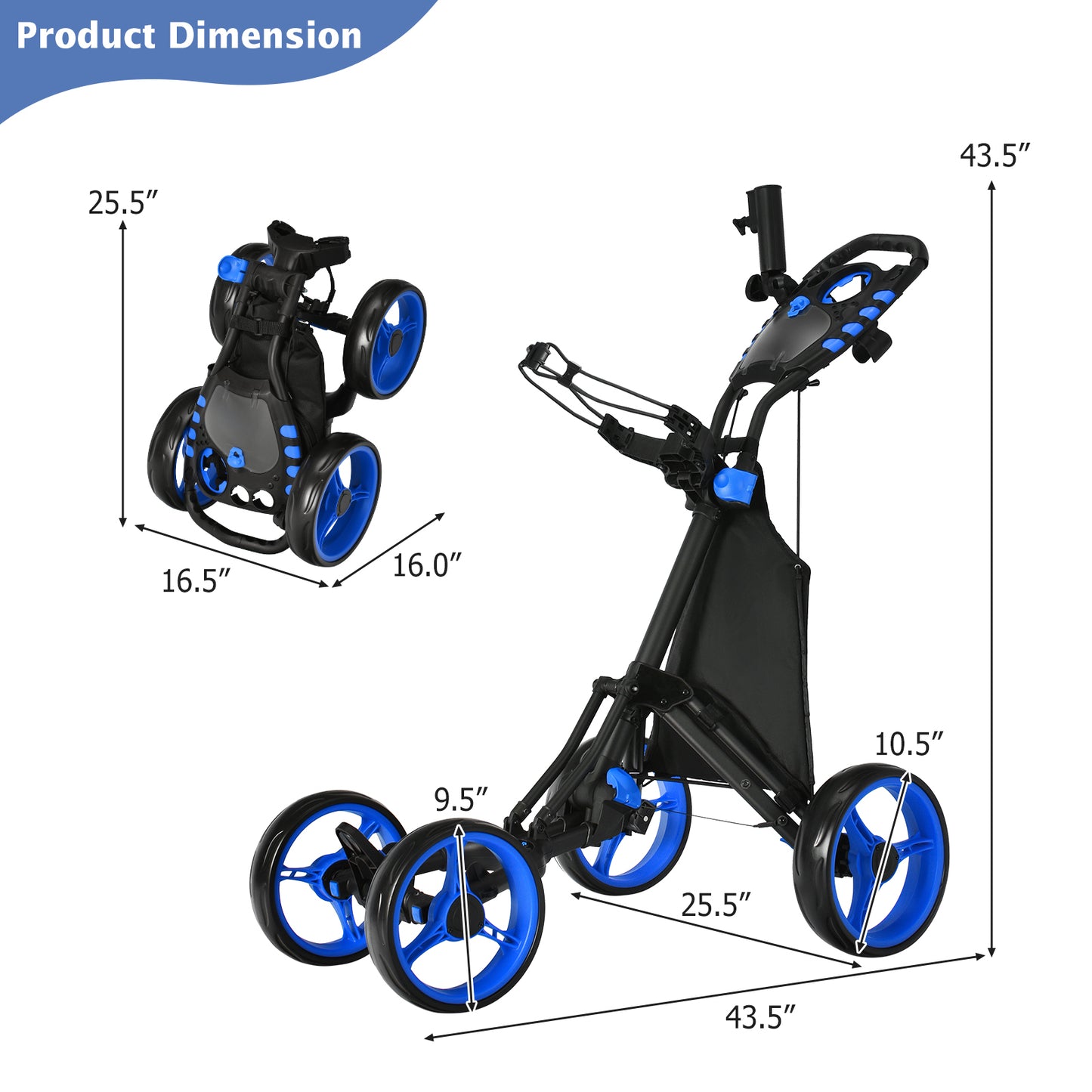 Lightweight Foldable Collapsible 4 Wheels Golf Push Cart-Blue Kids Crystal