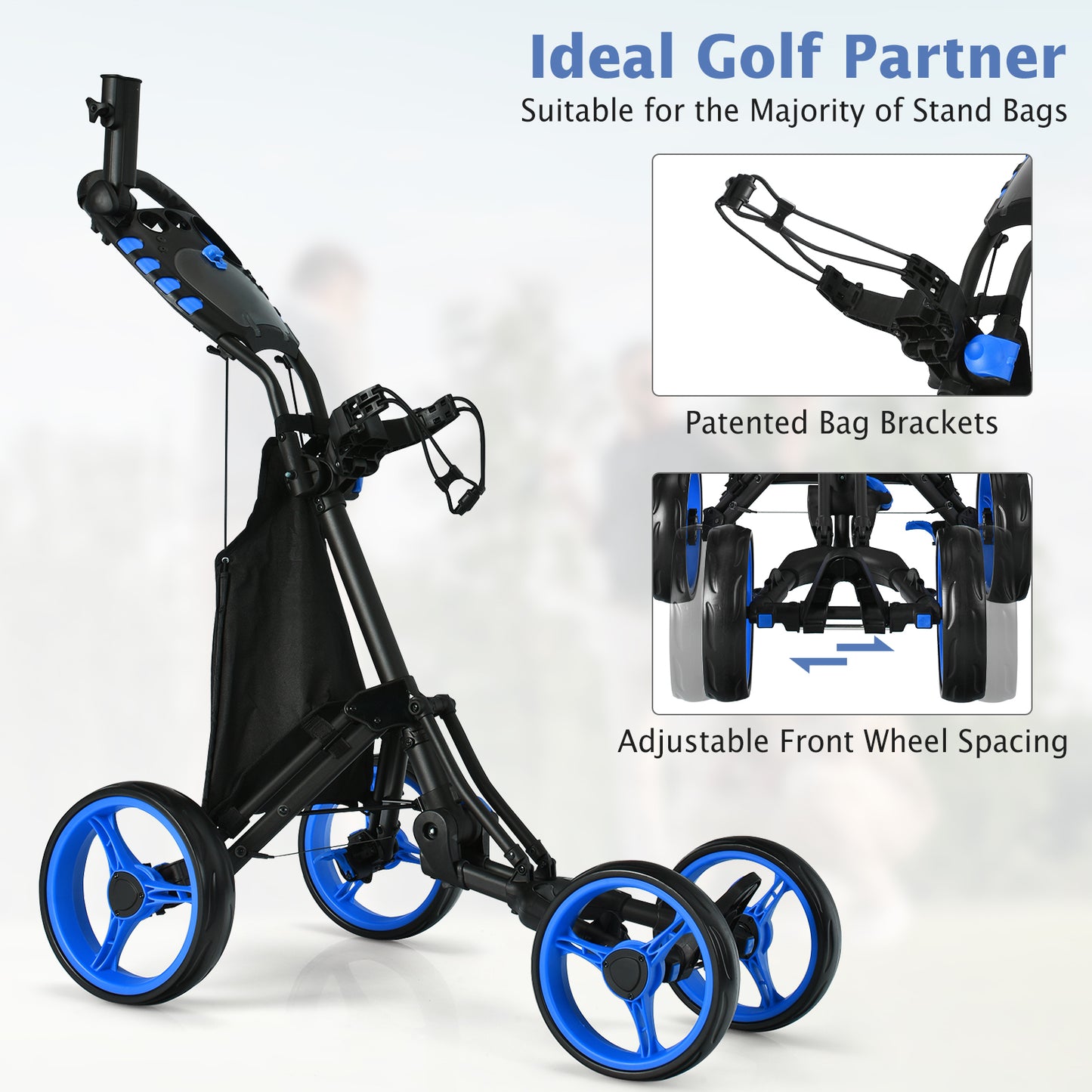 Lightweight Foldable Collapsible 4 Wheels Golf Push Cart-Blue Kids Crystal