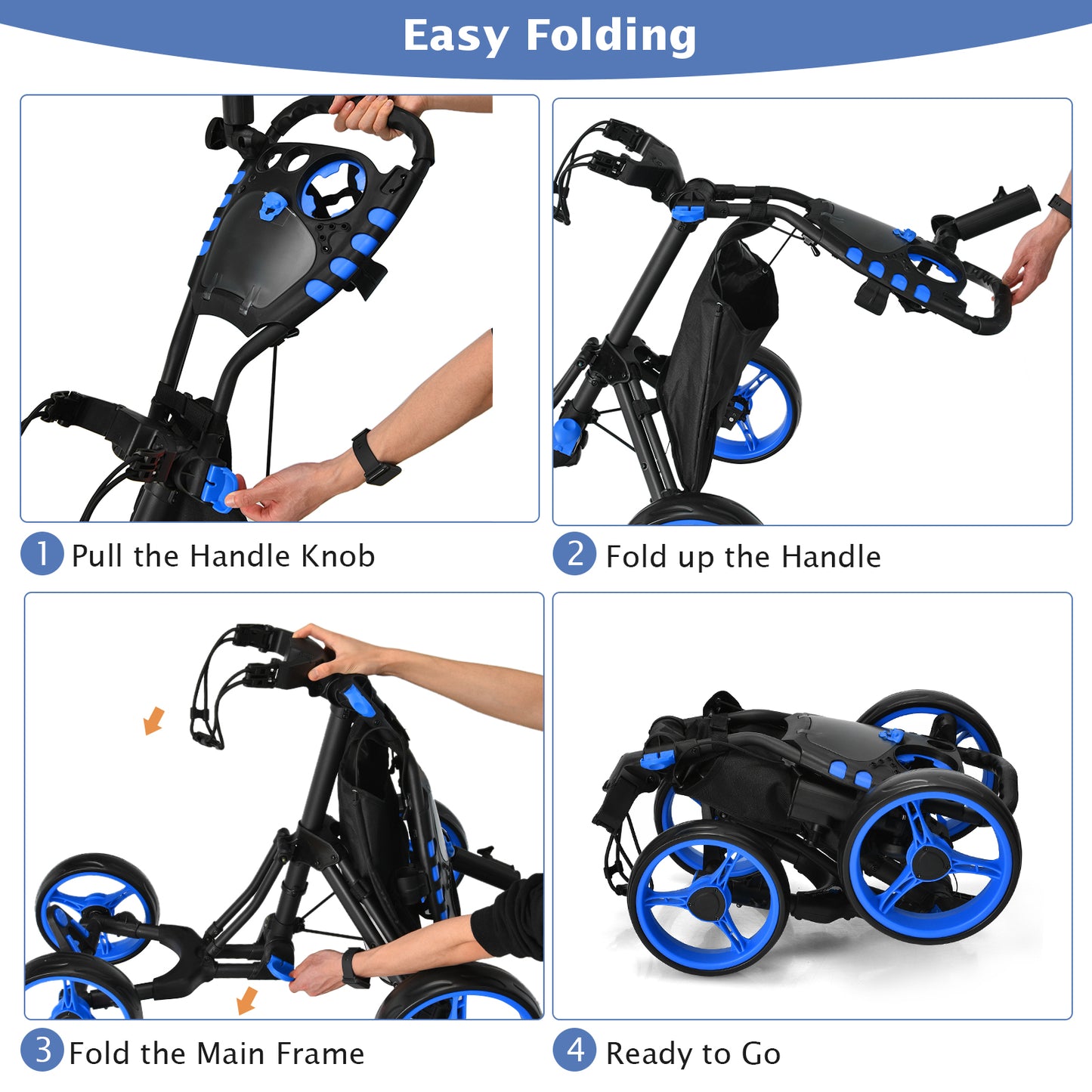 Lightweight Foldable Collapsible 4 Wheels Golf Push Cart-Blue Kids Crystal