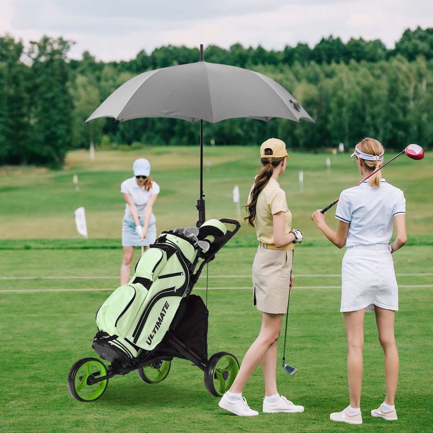 Folding 3 Wheels Golf Push Cart with Bag Scoreboard Adjustable Handle-Green Kids Crystal