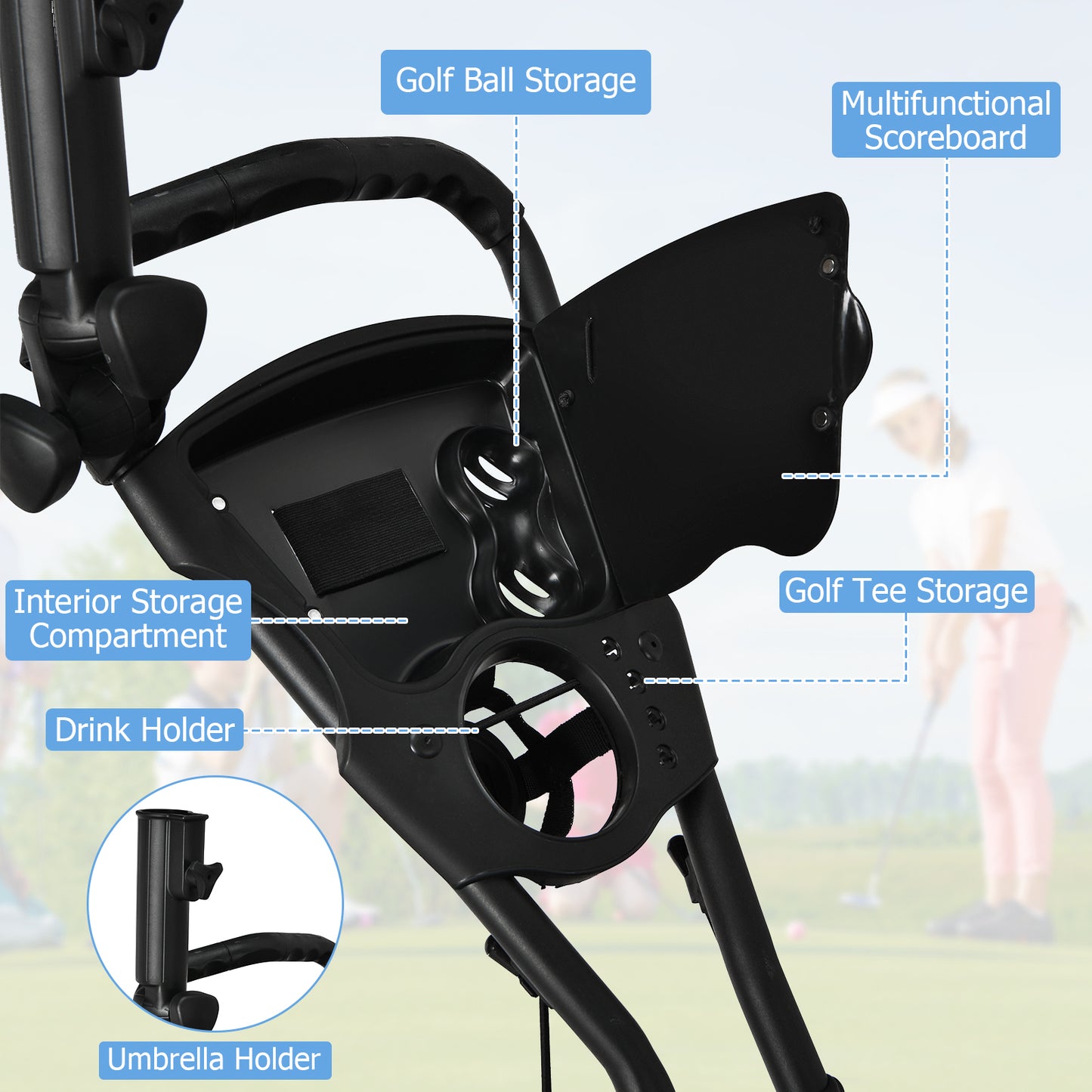 Folding 3 Wheels Golf Push Cart with Bag Scoreboard Adjustable Handle-Green Kids Crystal