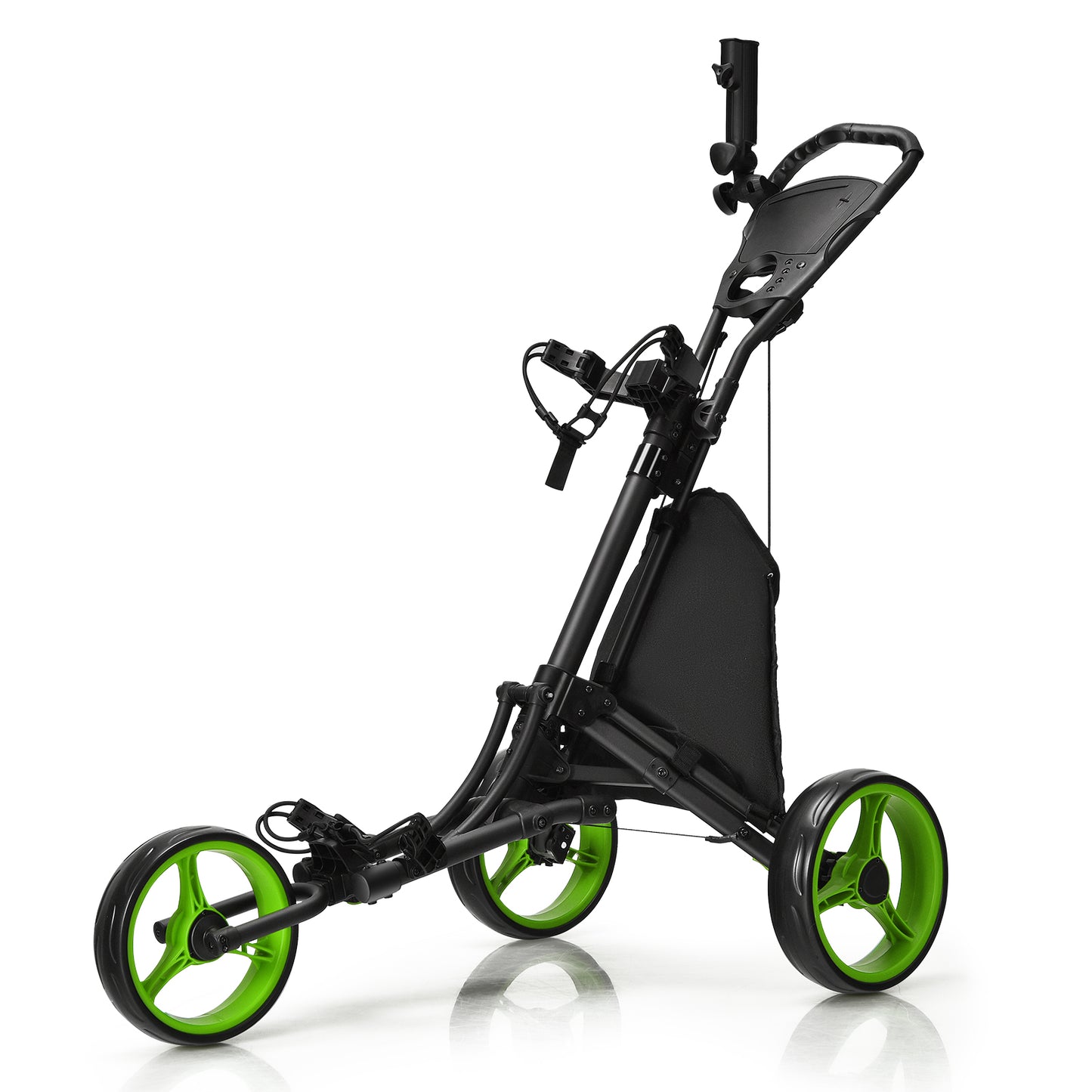 Folding 3 Wheels Golf Push Cart with Bag Scoreboard Adjustable Handle-Green Kids Crystal