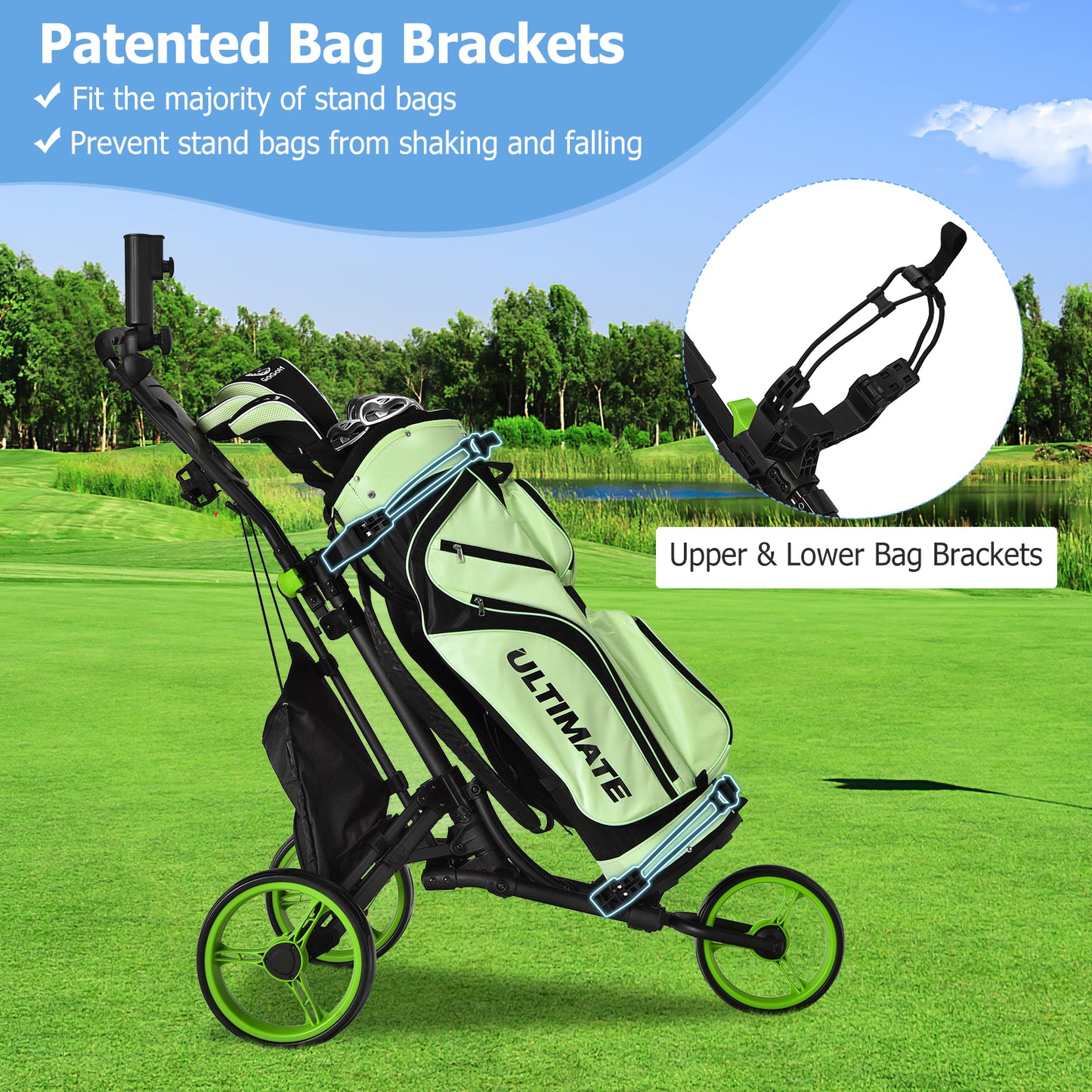 Folding 3 Wheels Golf Push Cart with Bag Scoreboard Adjustable Handle-Green Kids Crystal
