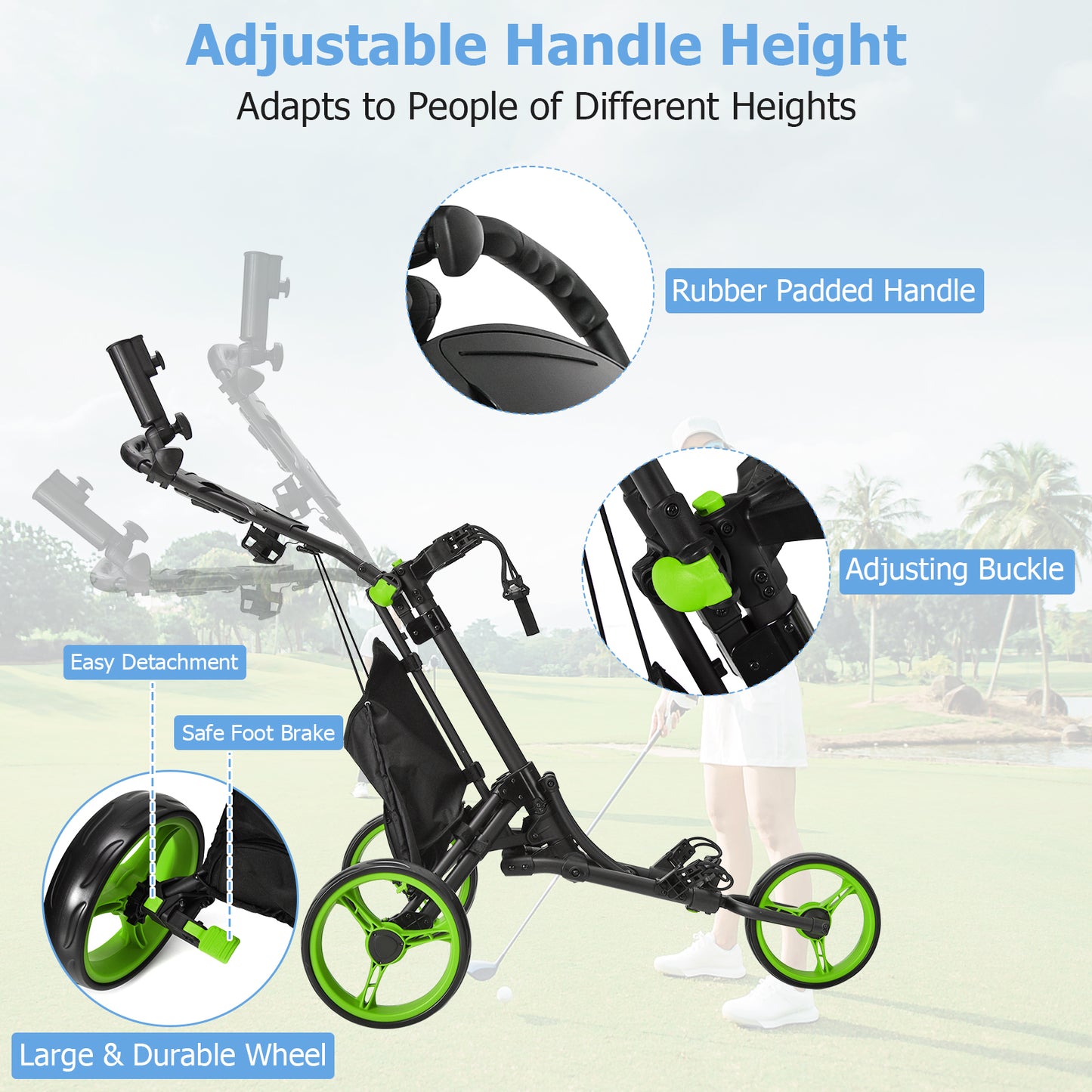 Folding 3 Wheels Golf Push Cart with Bag Scoreboard Adjustable Handle-Green Kids Crystal