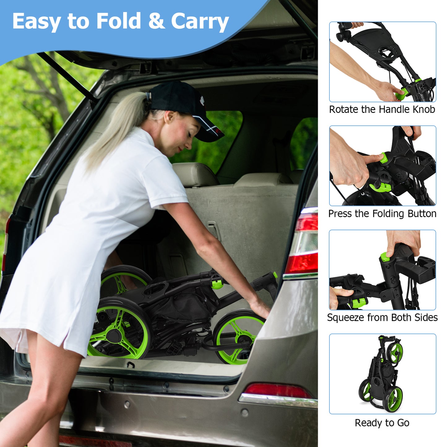 Folding 3 Wheels Golf Push Cart with Bag Scoreboard Adjustable Handle-Green Kids Crystal