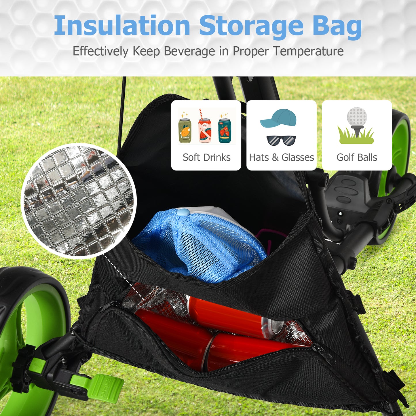 Folding 3 Wheels Golf Push Cart with Bag Scoreboard Adjustable Handle-Green Kids Crystal