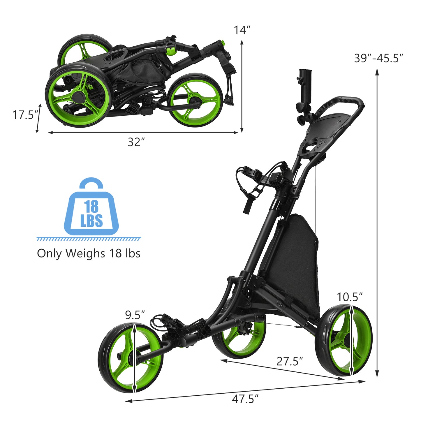 Folding 3 Wheels Golf Push Cart with Bag Scoreboard Adjustable Handle-Green Kids Crystal