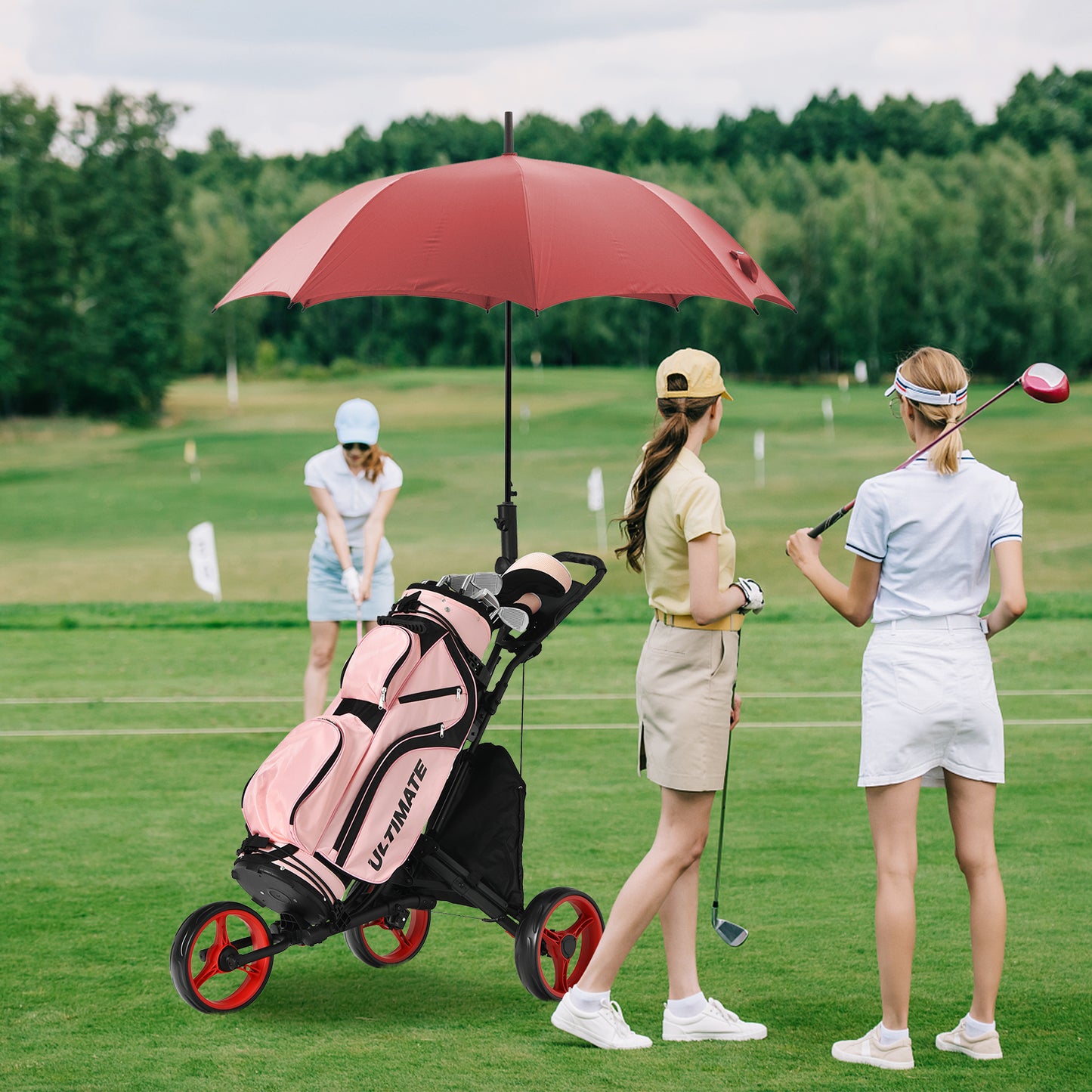 Folding 3 Wheels Golf Push Cart with Bag Scoreboard Adjustable Handle-Red Kids Crystal