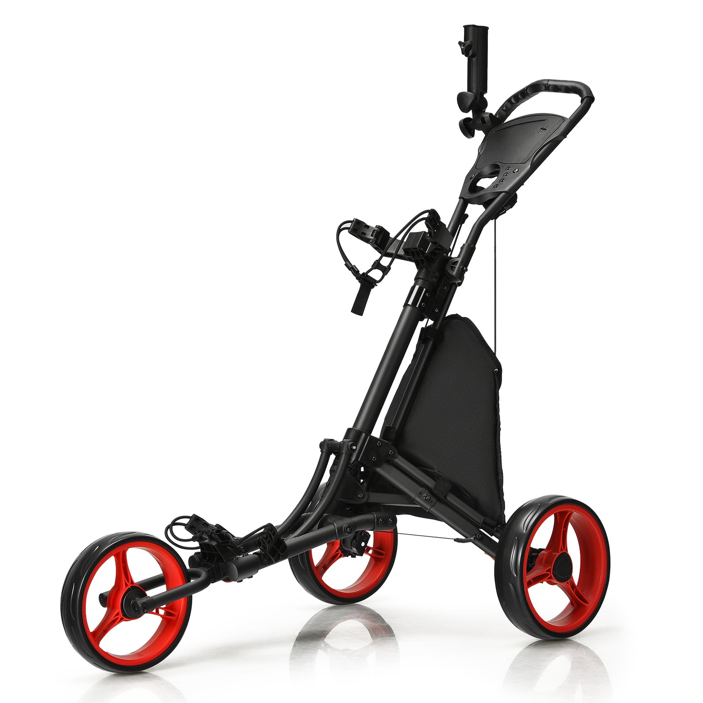 Folding 3 Wheels Golf Push Cart with Bag Scoreboard Adjustable Handle-Red Kids Crystal